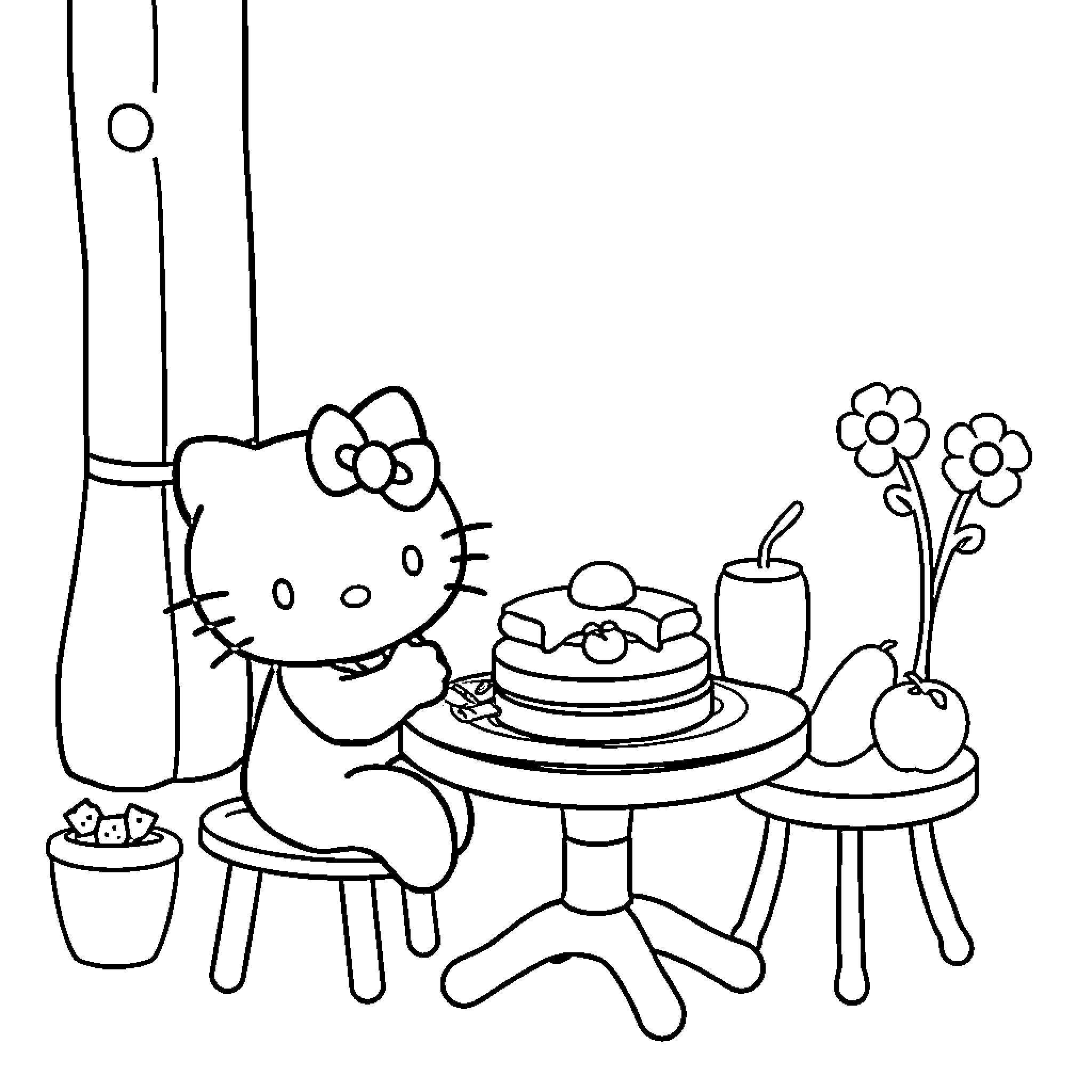 Hello Kitty baking a cake in a cozy kitchen Coloring Page (free black-and-white line drawing printable PDF for all, from beginners to advanced learners, including children, teens, adults, and seniors)