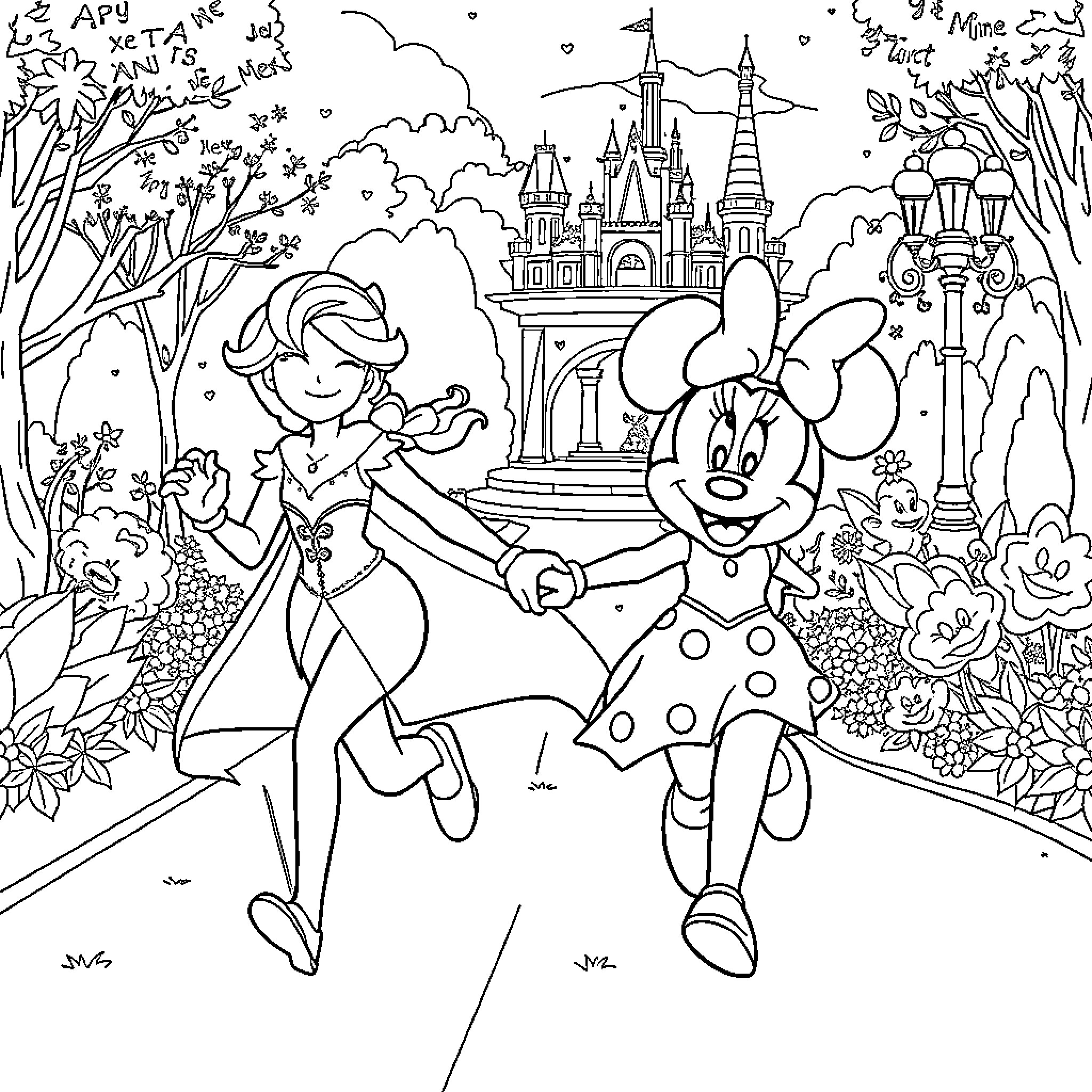 Elsa and Minnie enjoying a day at the magical castle Coloring Page (free black-and-white line drawing printable PDF for all, from beginners to advanced learners, including children, teens, adults, and seniors)