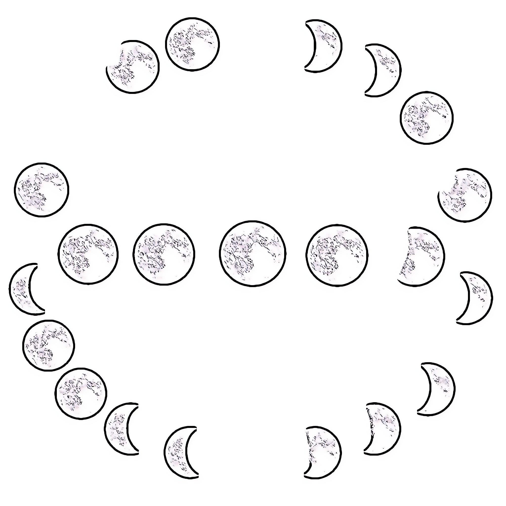 Moon phases in a circular pattern Coloring Page (free black-and-white line drawing printable PDF for all, from beginners to advanced learners, including children, teens, adults, and seniors)