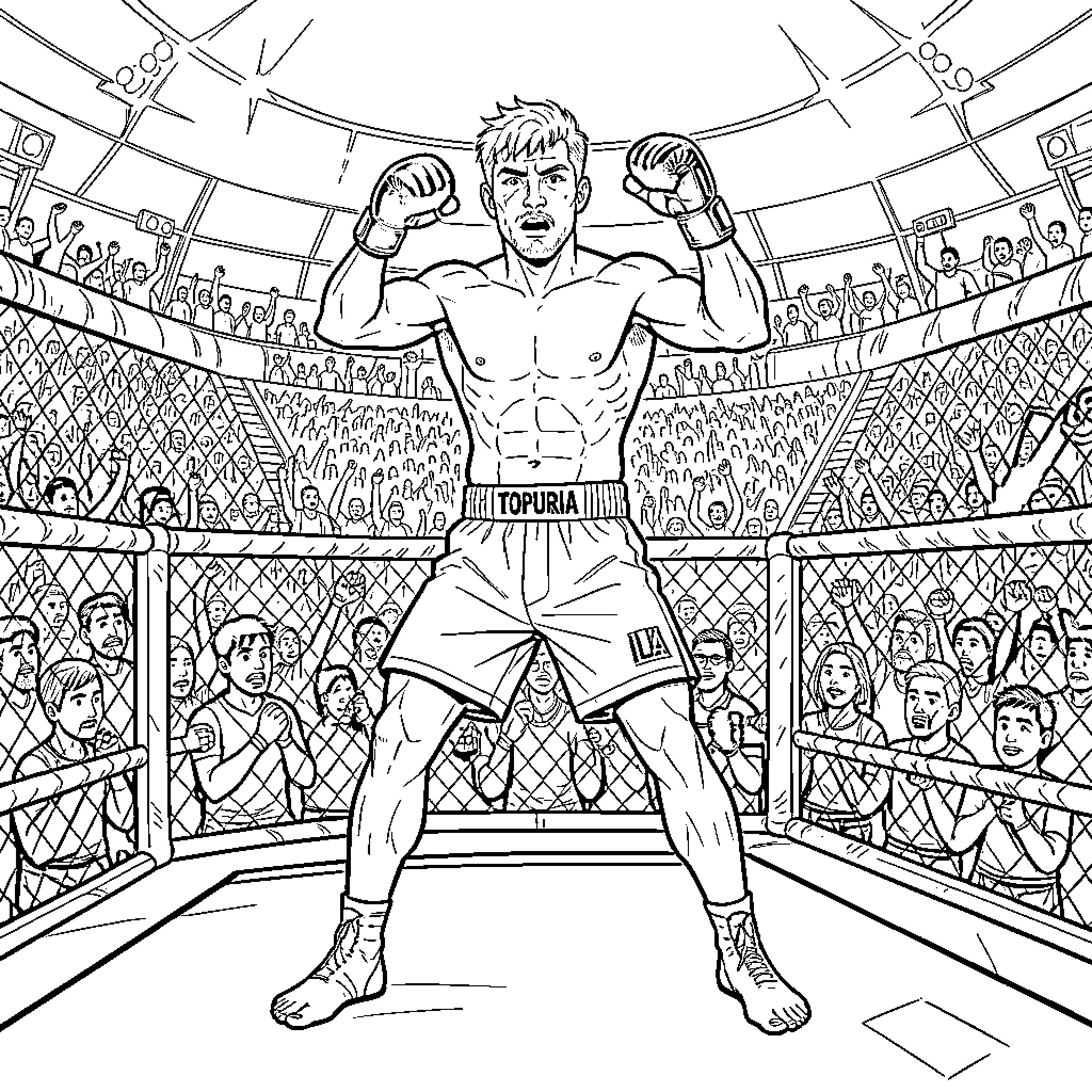 Ilia Topuria - Fighter Triumphant in the Arena Coloring Page (free black-and-white line drawing printable PDF for all, from beginners to advanced learners, including children, teens, adults, and seniors)