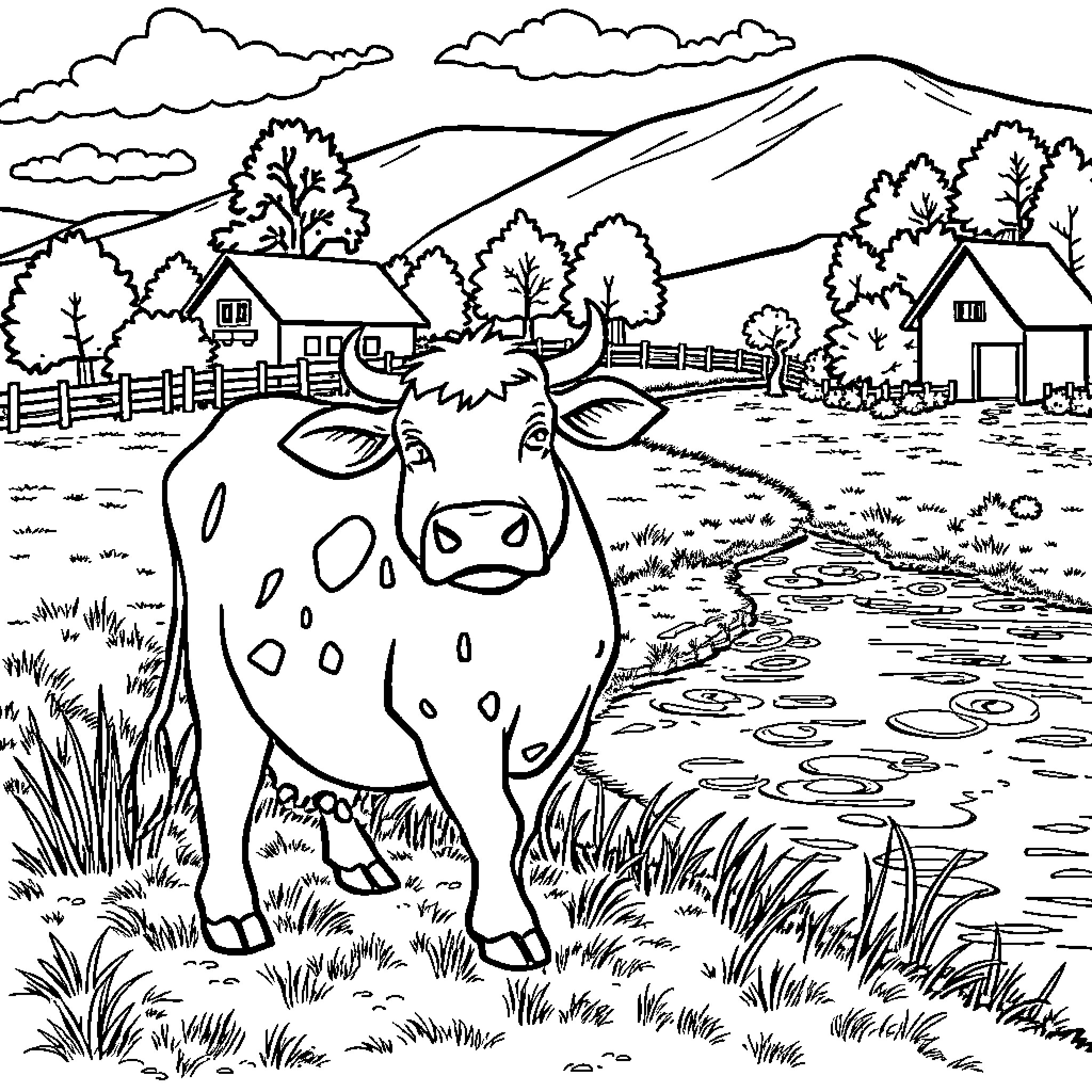 Cow grazing peacefully in rural landscape Coloring Page (free black-and-white line drawing printable PDF for all, from beginners to advanced learners, including children, teens, adults, and seniors)