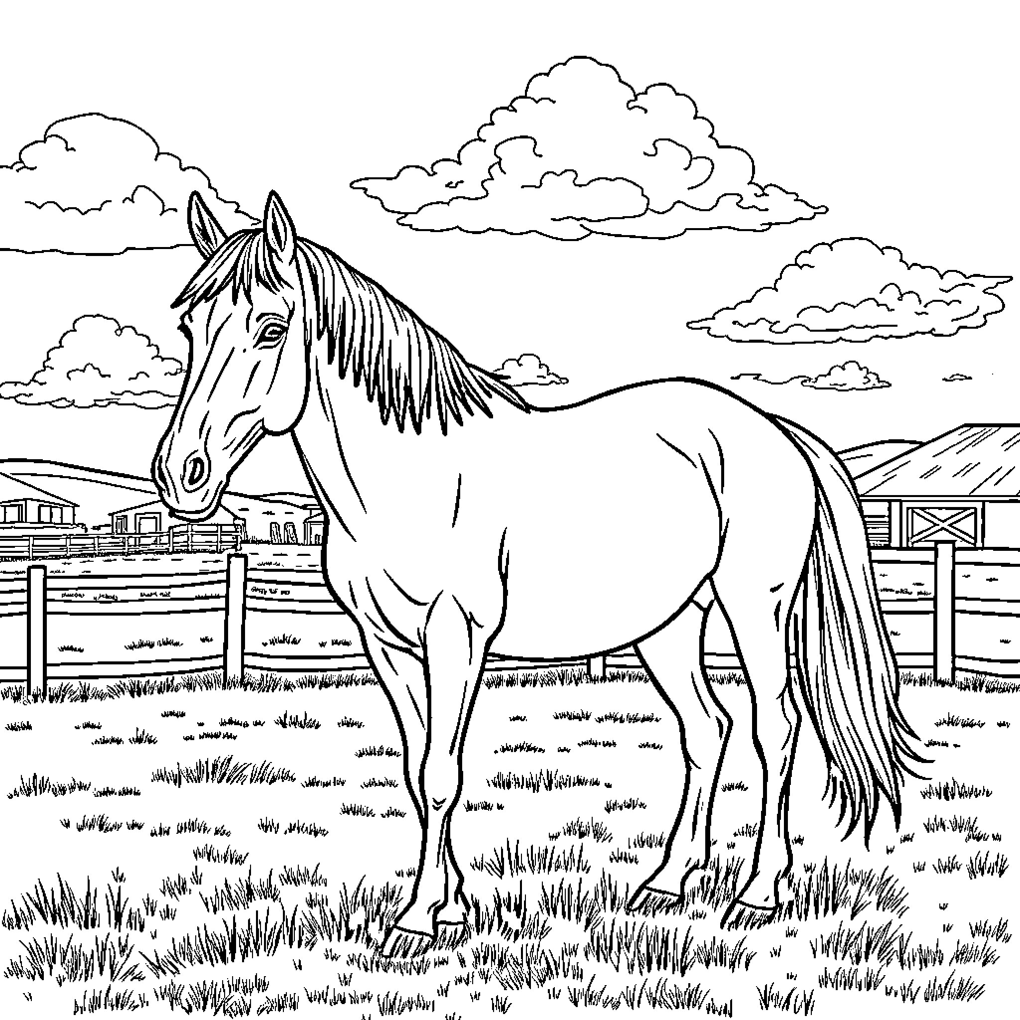 Horse standing in a rural landscape Coloring Page (free black-and-white line drawing printable PDF for all, from beginners to advanced learners, including children, teens, adults, and seniors)