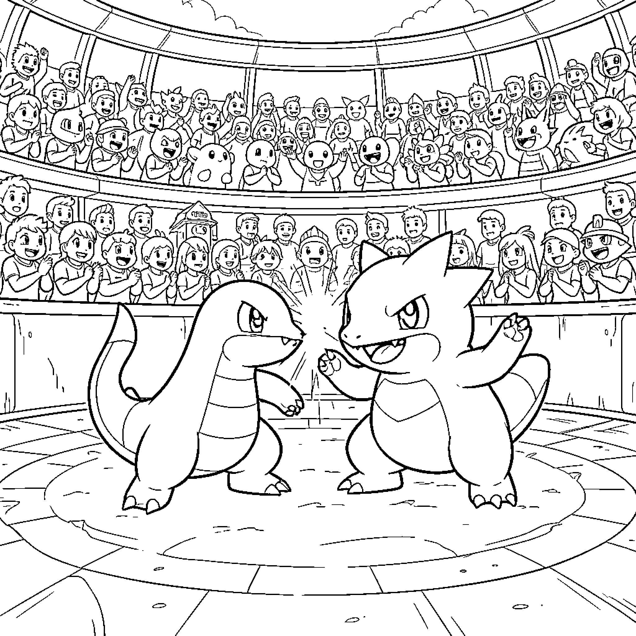 Salamèche facing off against another Pokémon in an arena Coloring Page (free black-and-white line drawing printable PDF for all, from beginners to advanced learners, including children, teens, adults, and seniors)