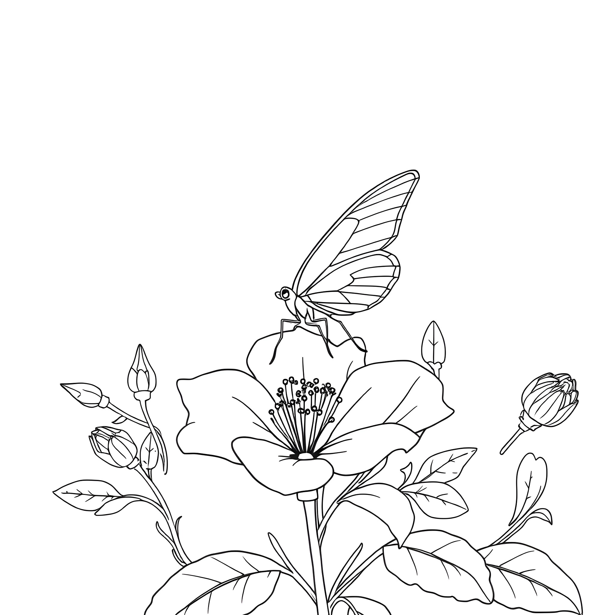 Cloudless Sulphur resting on delicate flowers Coloring Page (free black-and-white line drawing printable PDF for all, from beginners to advanced learners, including children, teens, adults, and seniors)