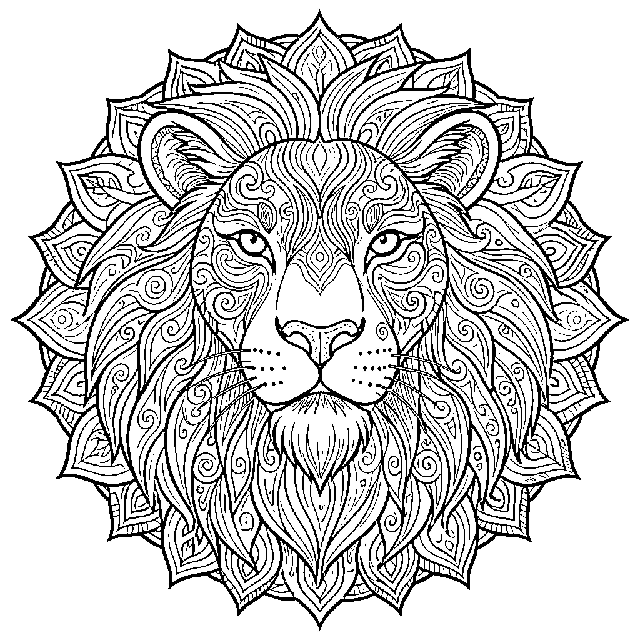 Lion's Ornate Mandala Design Coloring Page (free black-and-white line drawing printable PDF for all, from beginners to advanced learners, including children, teens, adults, and seniors)