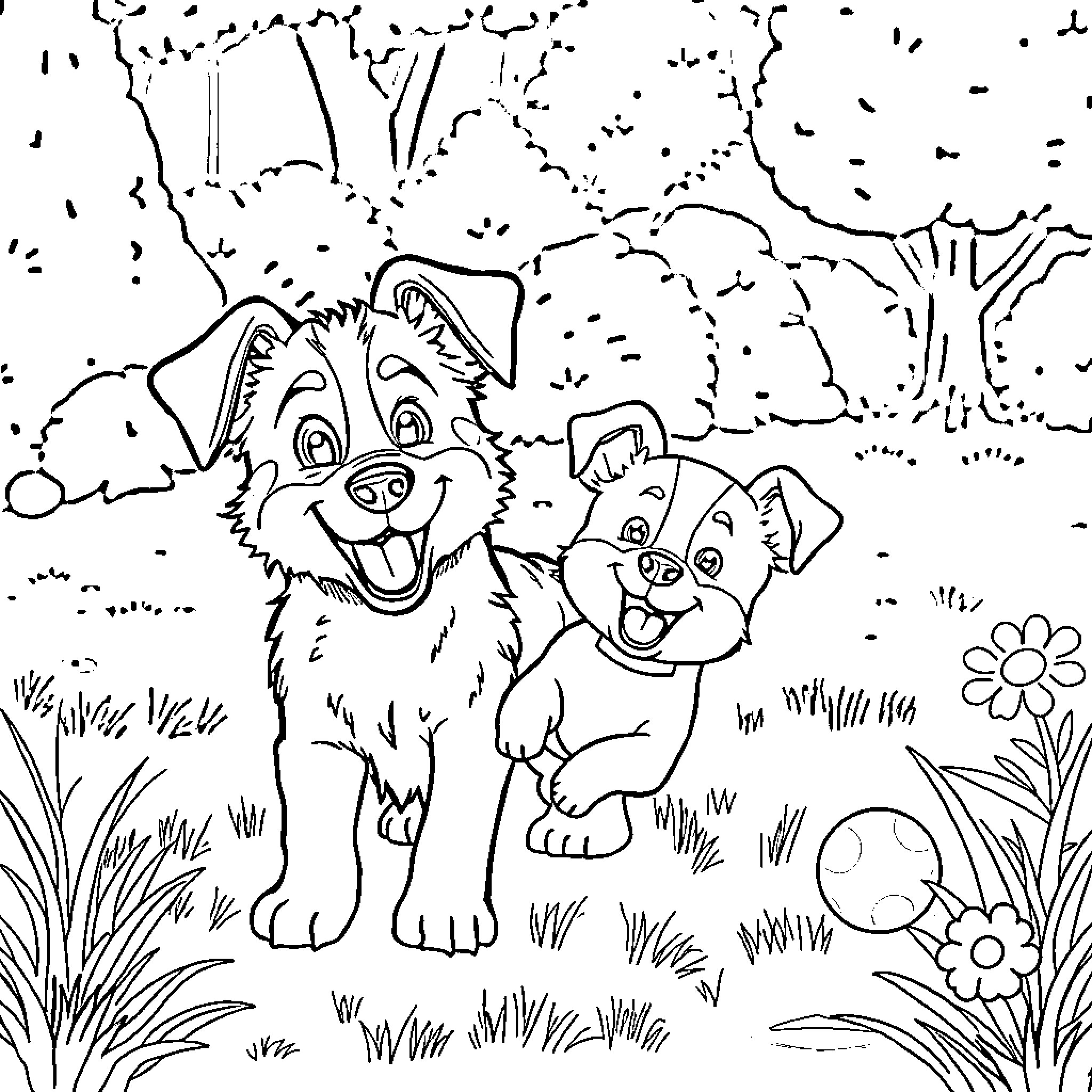 Bluey and her puppy friend explore the outdoors Coloring Page (free black-and-white line drawing printable PDF for all, from beginners to advanced learners, including children, teens, adults, and seniors)