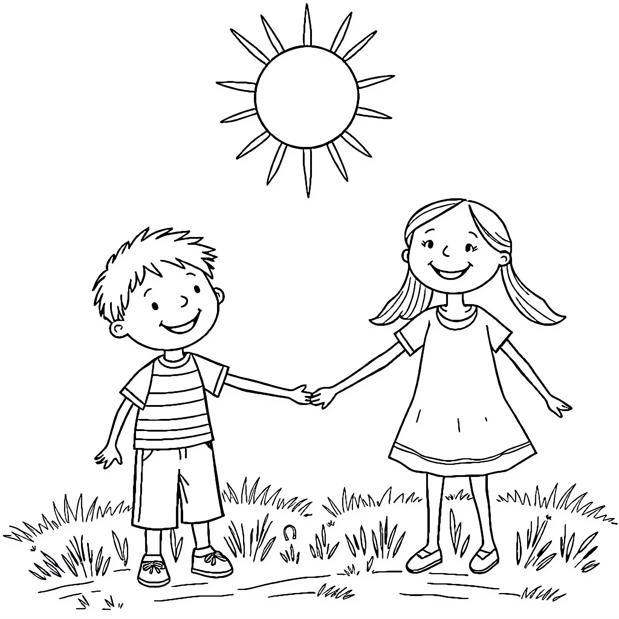 Sun and Moon Shining on Children Playing Coloring Page (free black-and-white line drawing printable PDF for all, from beginners to advanced learners, including children, teens, adults, and seniors)