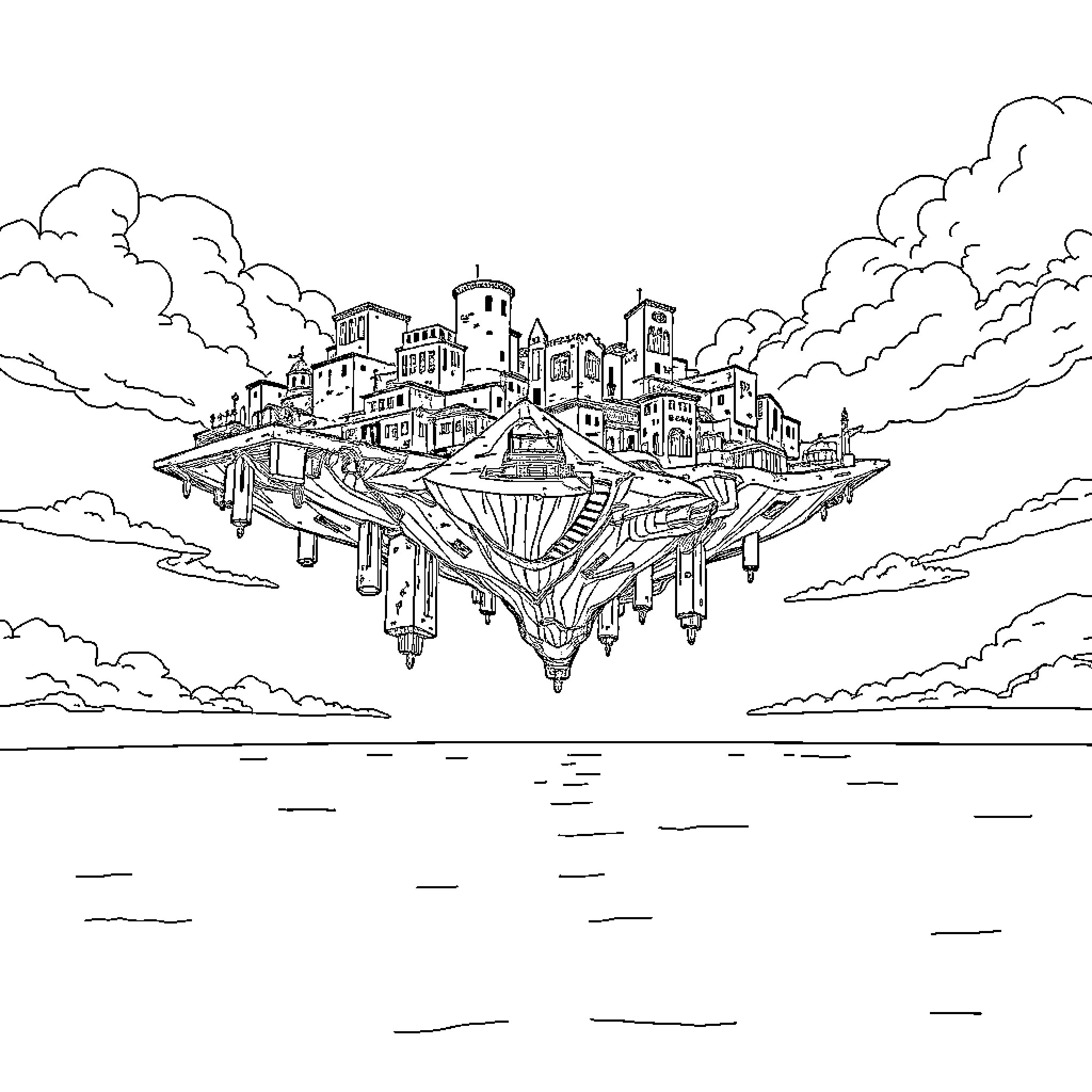 City of Floating Architecture in the Sky Coloring Page (free black-and-white line drawing printable PDF for all, from beginners to advanced learners, including children, teens, adults, and seniors)