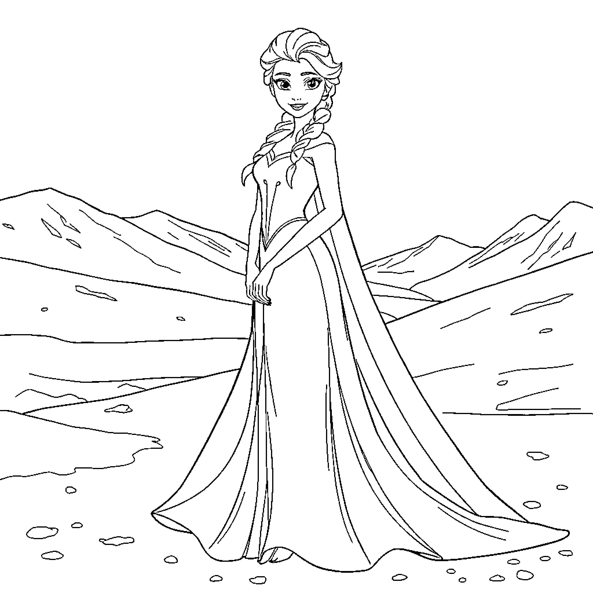 Elsa's Majestic Snow Queen Attire in the Icy Landscape Coloring Page (free black-and-white line drawing printable PDF for all, from beginners to advanced learners, including children, teens, adults, and seniors)