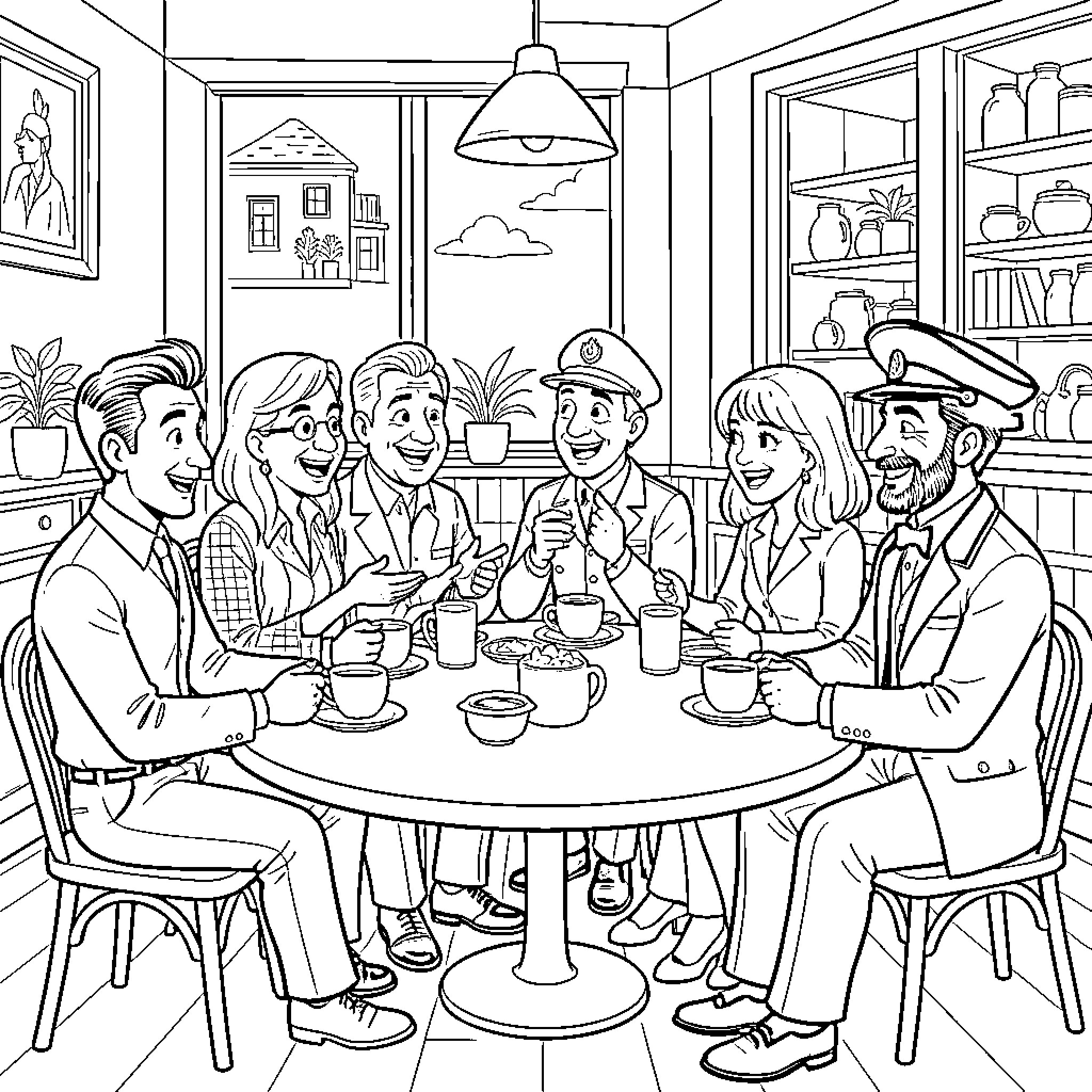 Character group enjoying drinks and conversation in cozy cafe Coloring Page (free black-and-white line drawing printable PDF for all, from beginners to advanced learners, including children, teens, adults, and seniors)
