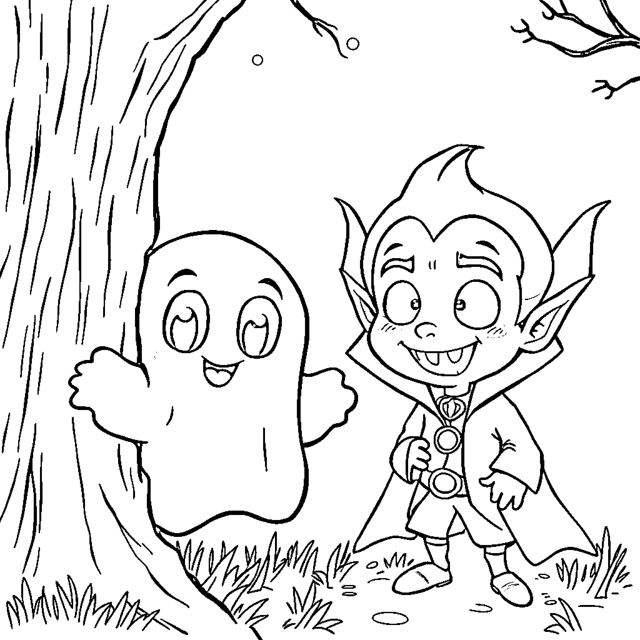 Ghost and Vampire Kid Playing in the Forest Coloring Page (free black-and-white line drawing printable PDF for all, from beginners to advanced learners, including children, teens, adults, and seniors)