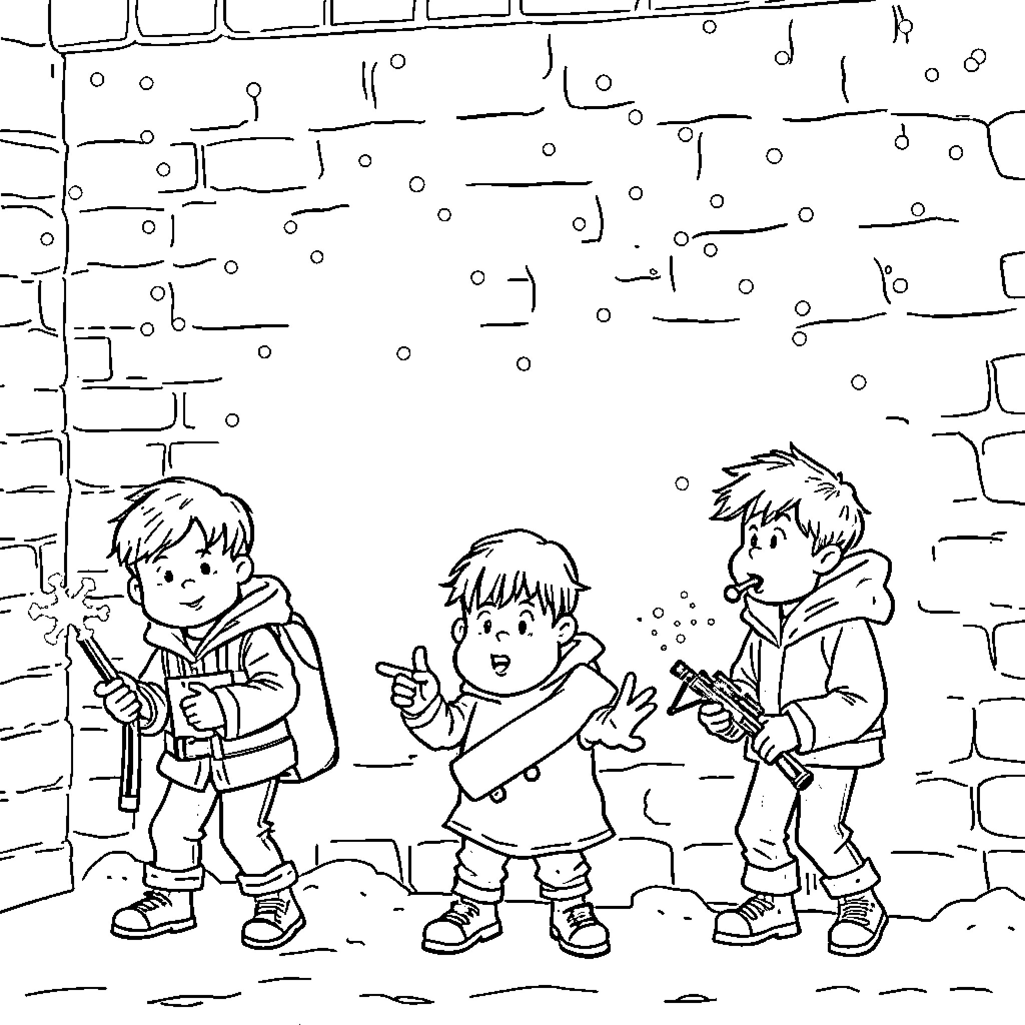 Kid Playing Outdoors with Friends in Winter Coloring Page (free black-and-white line drawing printable PDF for all, from beginners to advanced learners, including children, teens, adults, and seniors)