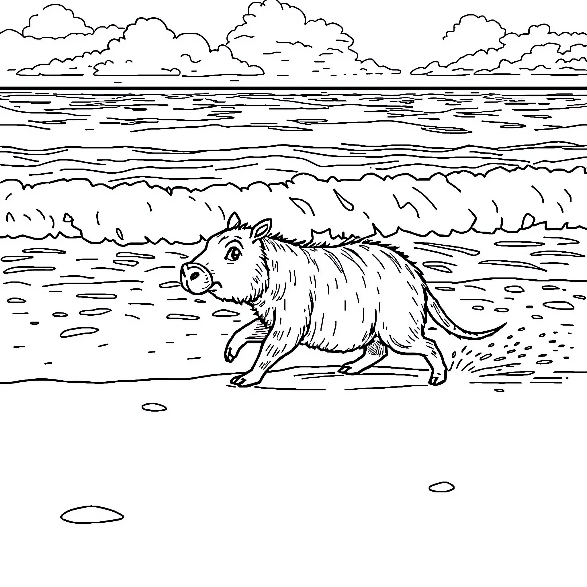 Capybara enjoying a day at the beach Coloring Page (free black-and-white line drawing printable PDF for all, from beginners to advanced learners, including children, teens, adults, and seniors)