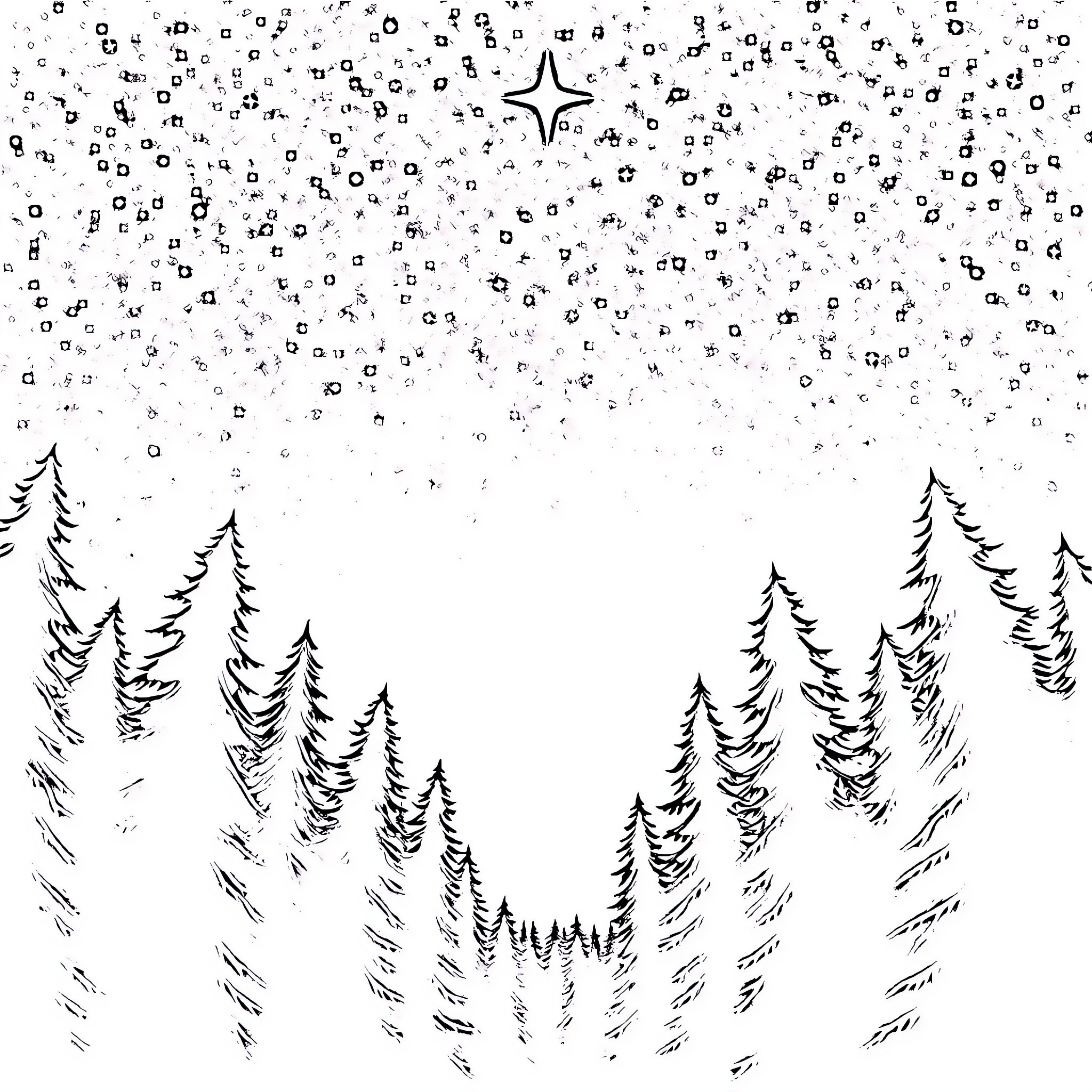 Star-Filled Snowy Forest Landscape Coloring Page (free black-and-white line drawing printable PDF for all, from beginners to advanced learners, including children, teens, adults, and seniors)