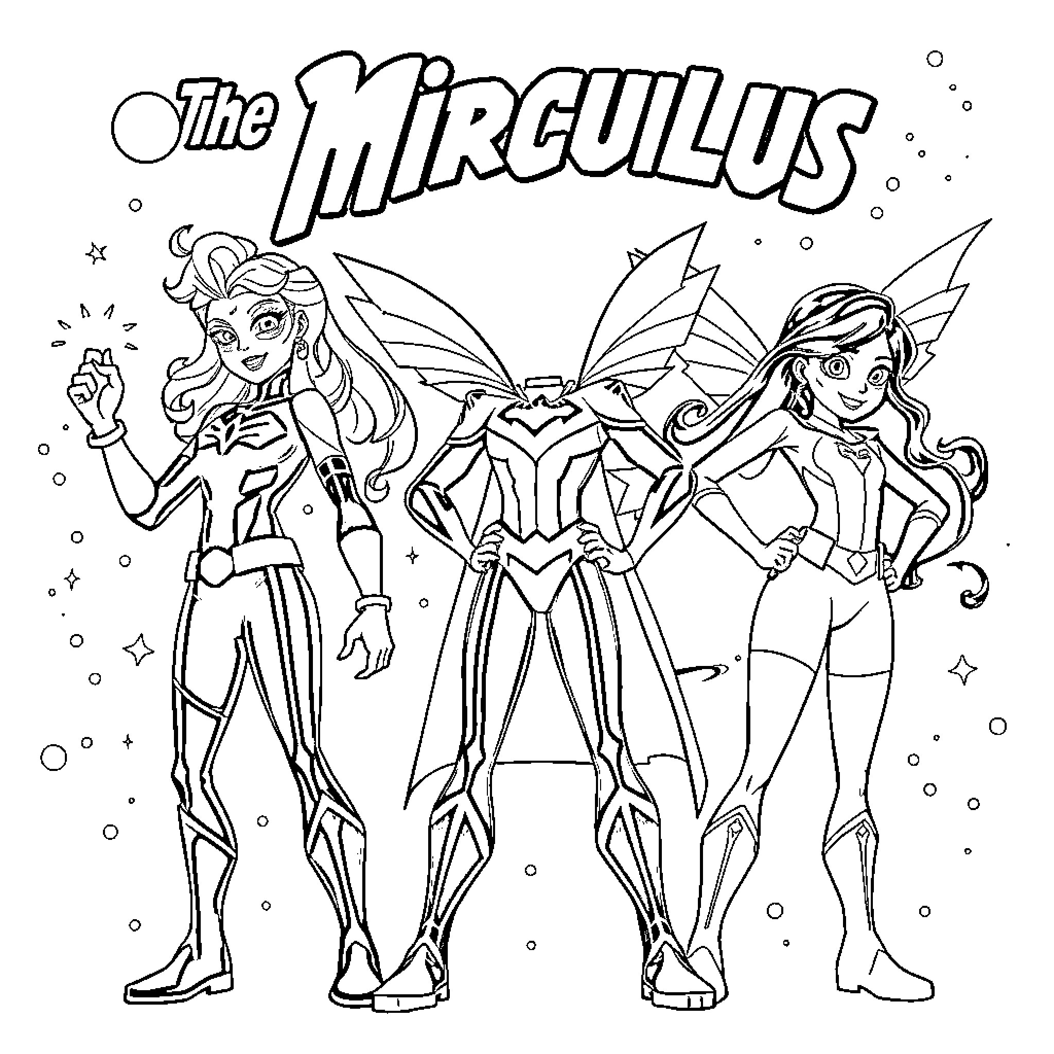 Miraculous heroes standing heroically in their powerful outfits Coloring Page (free black-and-white line drawing printable PDF for all, from beginners to advanced learners, including children, teens, adults, and seniors)