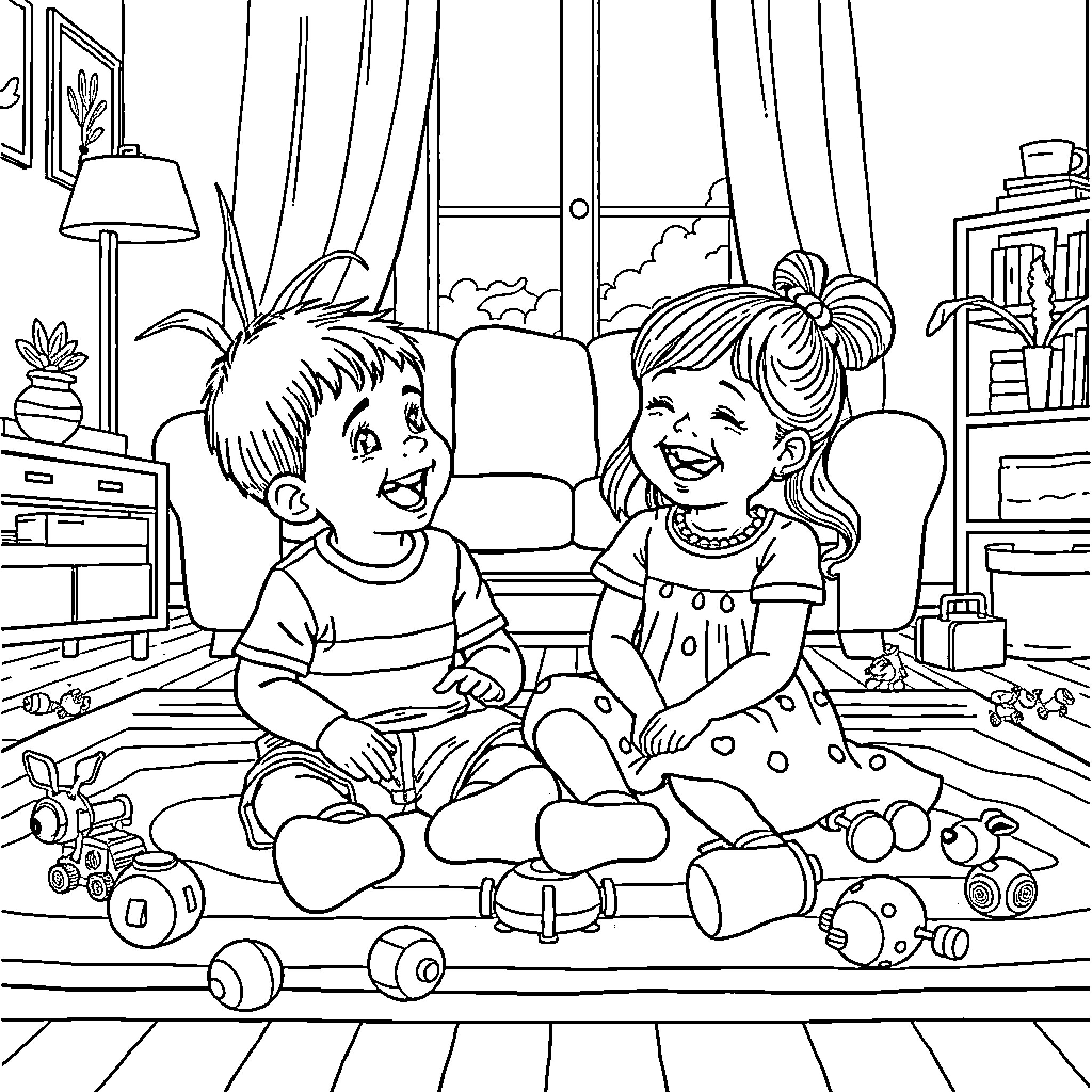 Child friends playing with toys indoors Coloring Page (free black-and-white line drawing printable PDF for all, from beginners to advanced learners, including children, teens, adults, and seniors)
