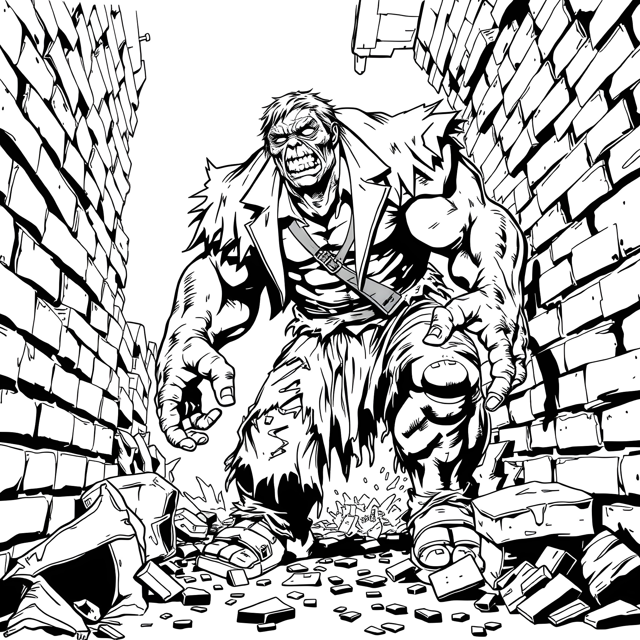 Zombie Erupting from Debris and Destruction Coloring Page (free black-and-white line drawing printable PDF for all, from beginners to advanced learners, including children, teens, adults, and seniors)