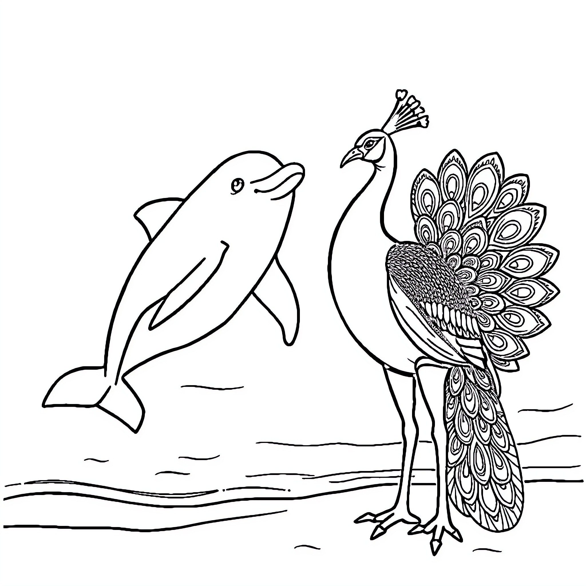 Dolphin and Peacock Coexisting in Nature Coloring Page (free black-and-white line drawing printable PDF for all, from beginners to advanced learners, including children, teens, adults, and seniors)