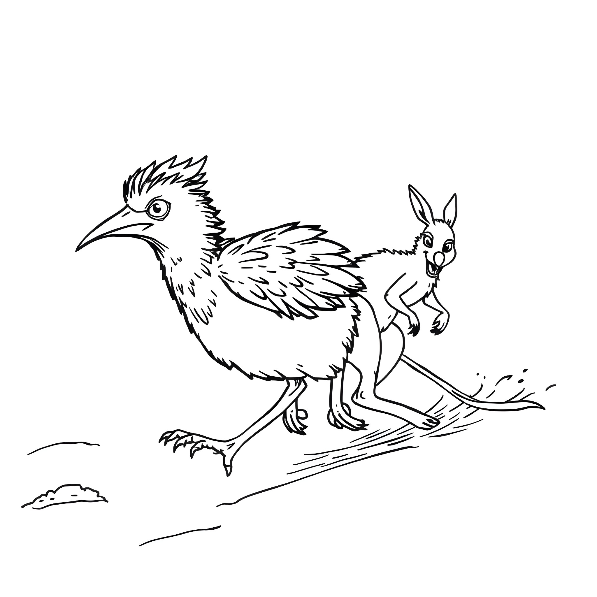Kagu bird and rabbit running on the ground Coloring Page (free black-and-white line drawing printable PDF for all, from beginners to advanced learners, including children, teens, adults, and seniors)