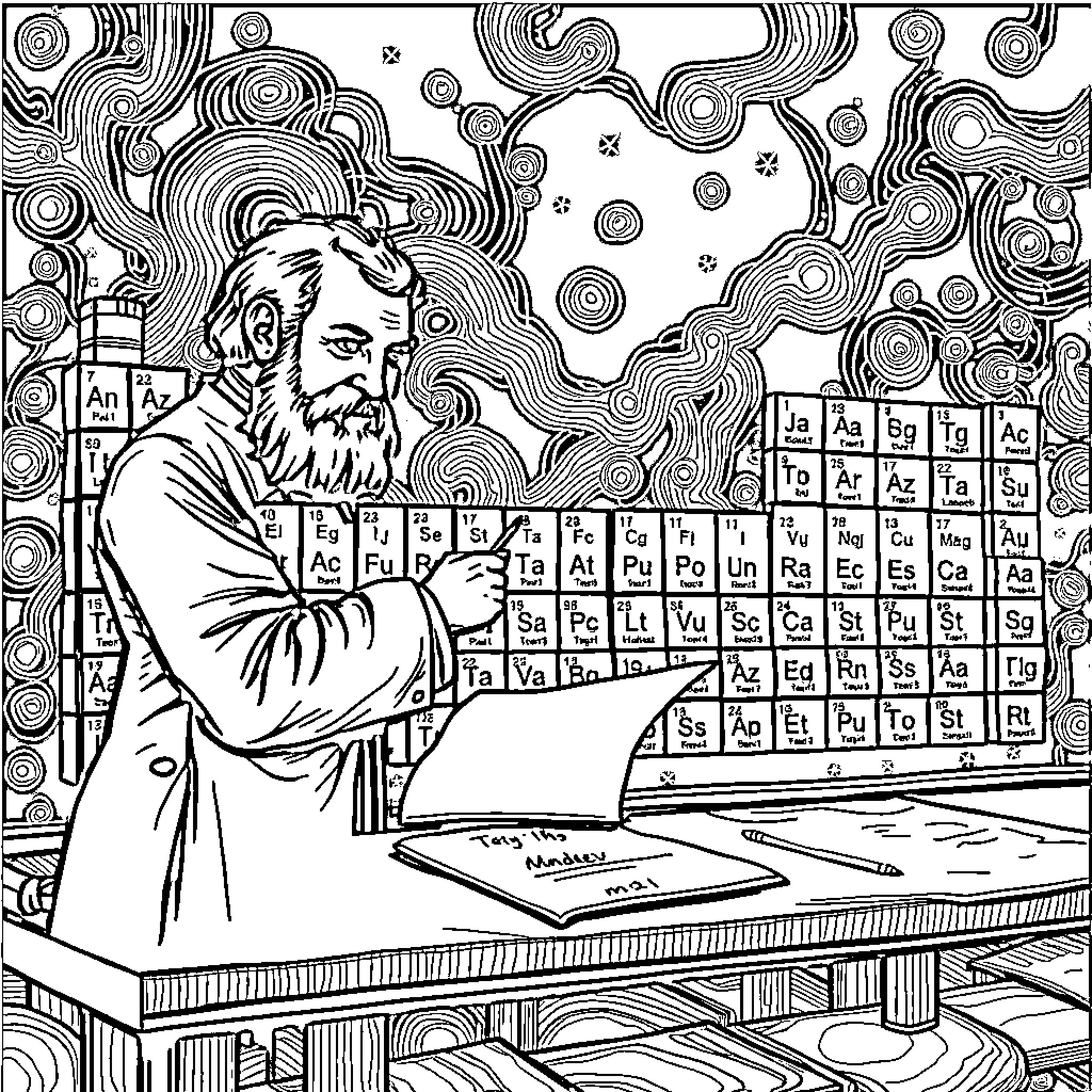 Mendeleev intently examining the periodic table Coloring Page (free black-and-white line drawing printable PDF for all, from beginners to advanced learners, including children, teens, adults, and seniors)