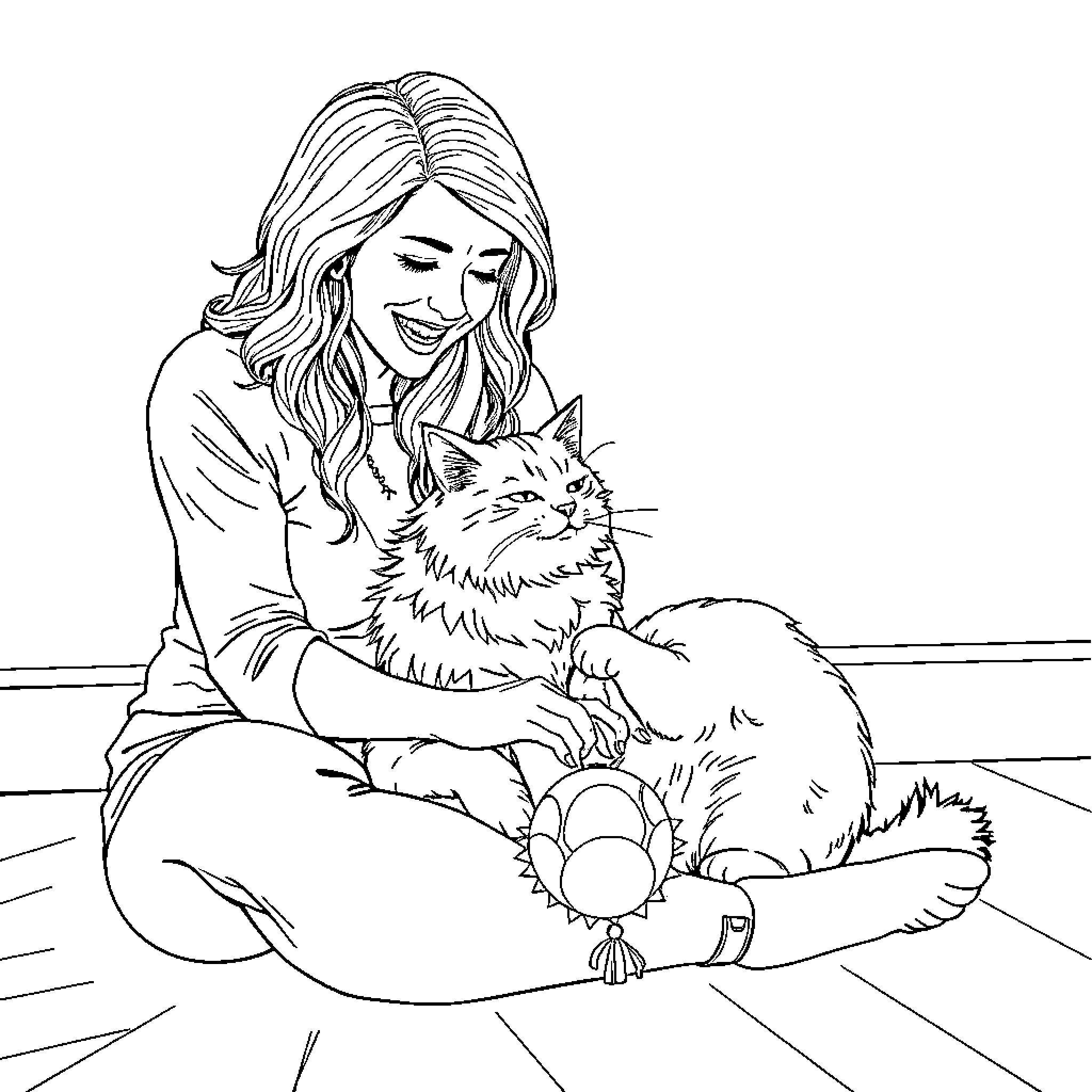 Rhea Ripley bonding with a furry companion Coloring Page (free black-and-white line drawing printable PDF for all, from beginners to advanced learners, including children, teens, adults, and seniors)