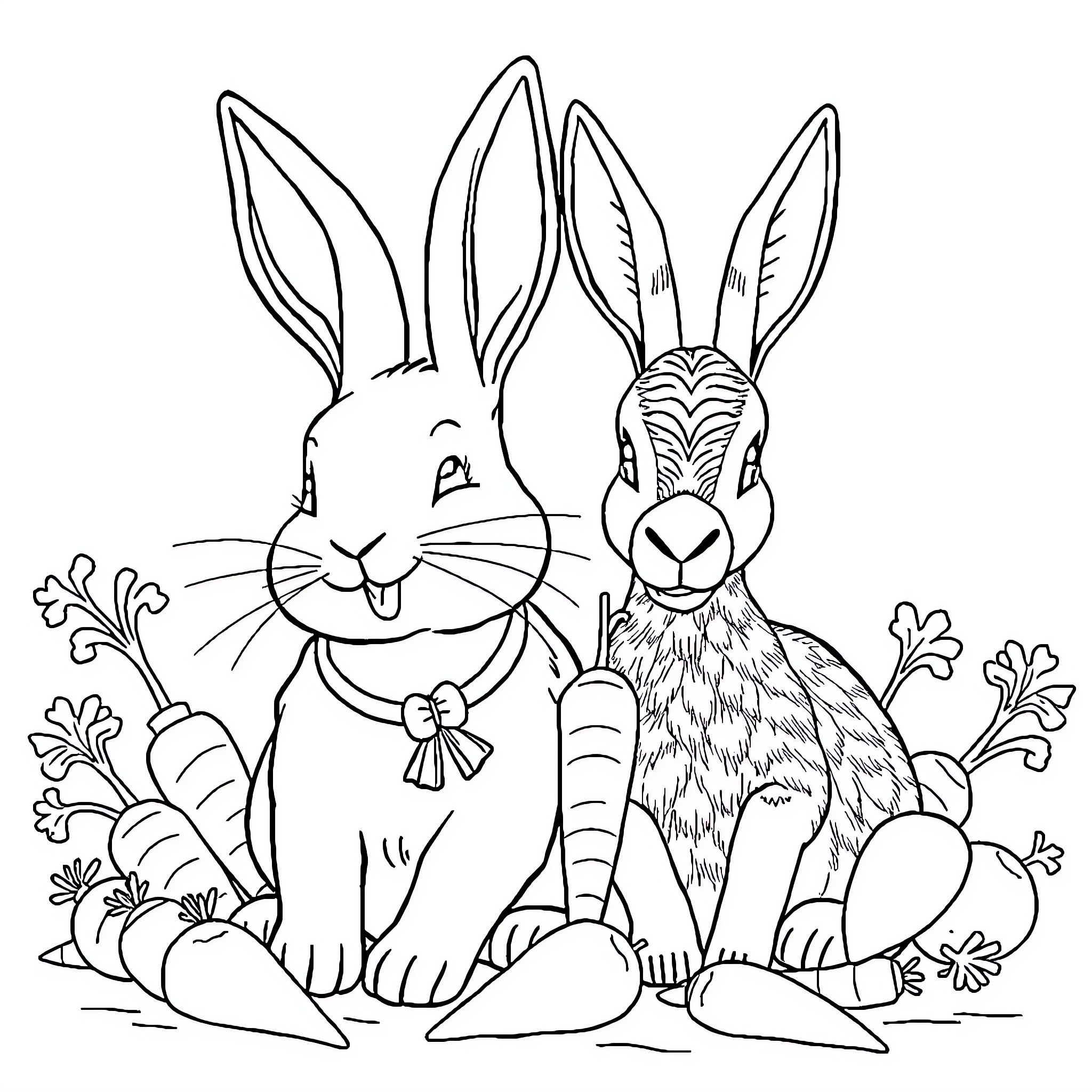 Rabbits posing happily in a garden setting Coloring Page (free black-and-white line drawing printable PDF for all, from beginners to advanced learners, including children, teens, adults, and seniors)
