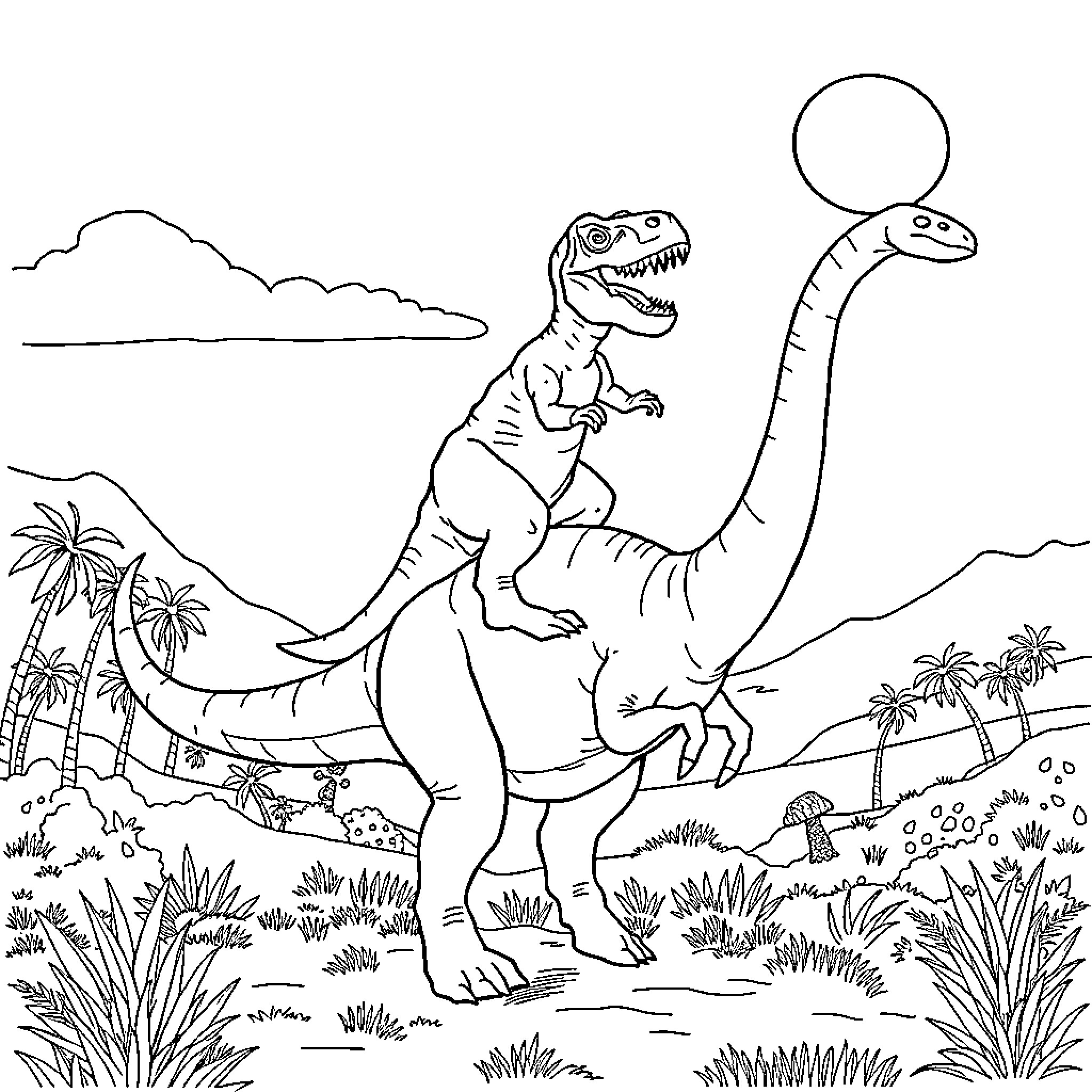 T-Rex Rampaging Through Prehistoric Landscape Coloring Page (free black-and-white line drawing printable PDF for all, from beginners to advanced learners, including children, teens, adults, and seniors)