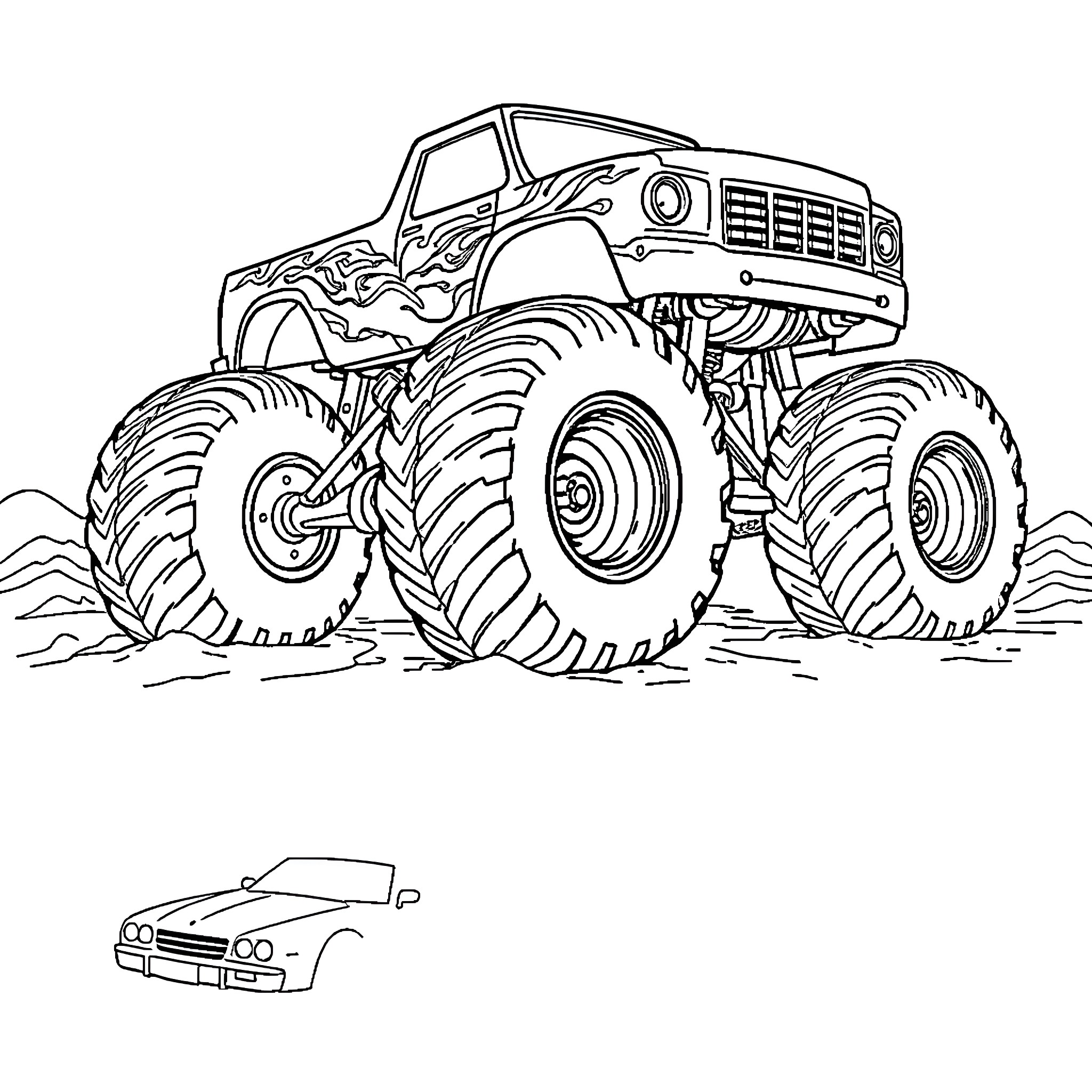 Monster Truck Climbing Over Obstacles in the Terrain Coloring Page (free black-and-white line drawing printable PDF for all, from beginners to advanced learners, including children, teens, adults, and seniors)