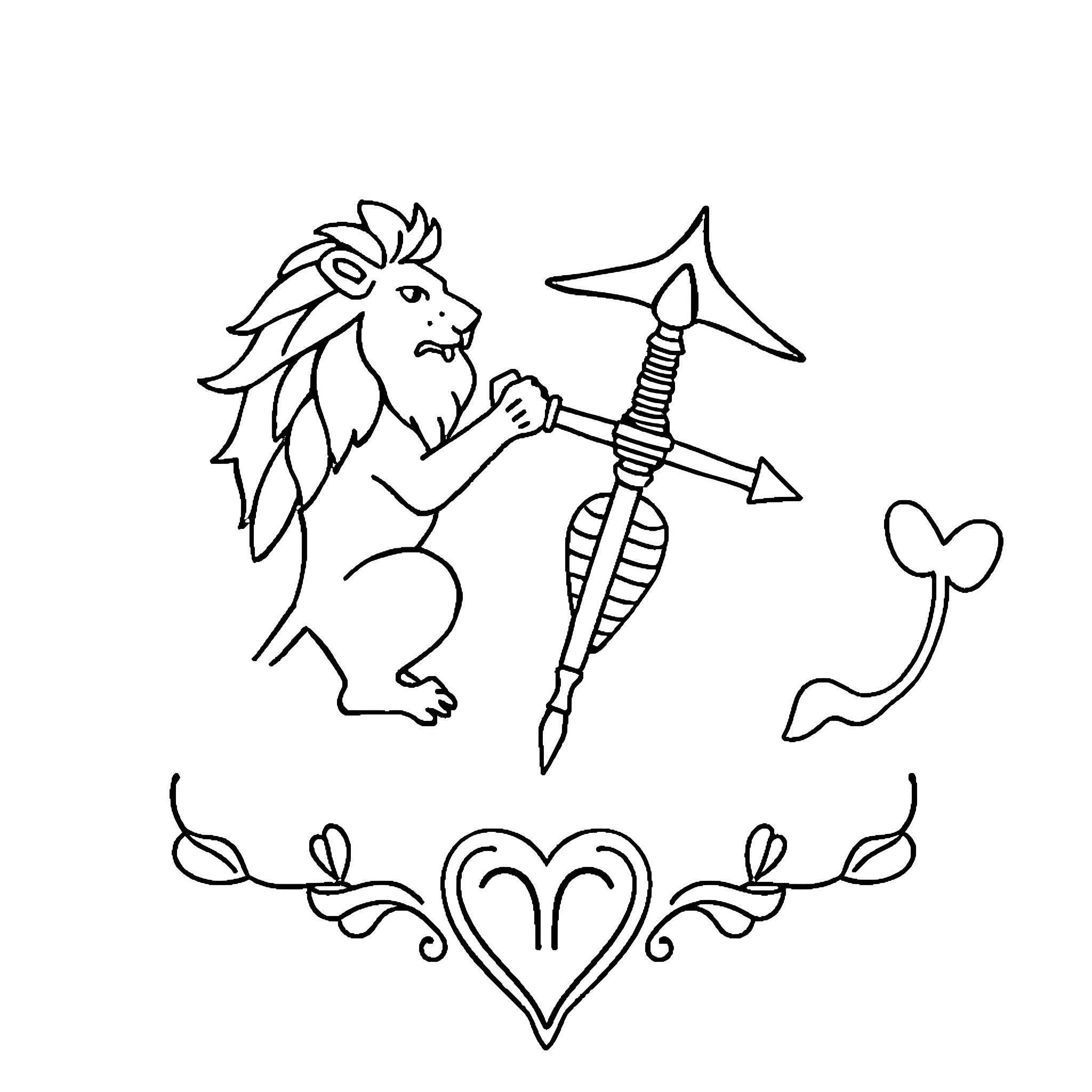 Zodiac Symbols and Mystical Figures Coloring Page (free black-and-white line drawing printable PDF for all, from beginners to advanced learners, including children, teens, adults, and seniors)