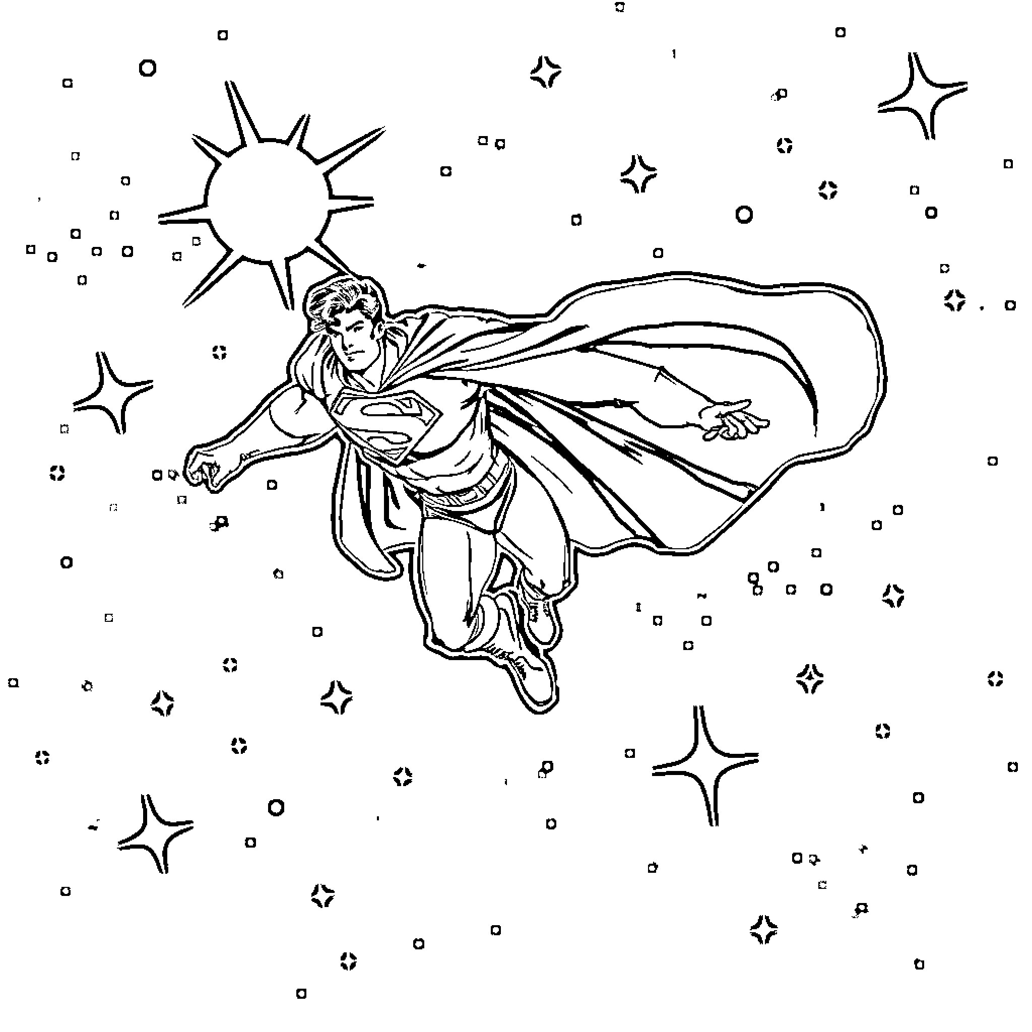 Superman soaring through the starry night sky Coloring Page (free black-and-white line drawing printable PDF for all, from beginners to advanced learners, including children, teens, adults, and seniors)