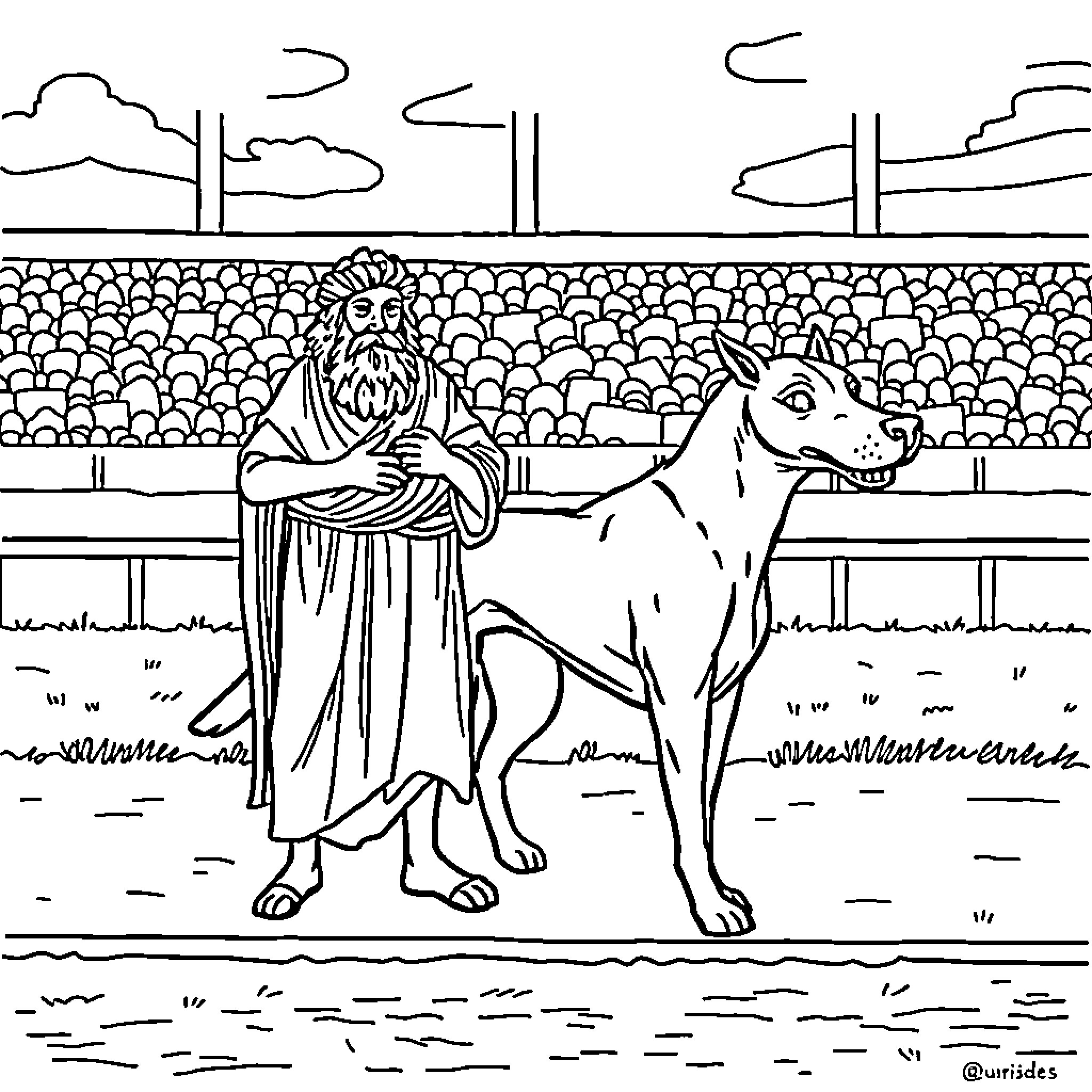 Euripides in Antiquity: Philosopher and Beast Coloring Page (free black-and-white line drawing printable PDF for all, from beginners to advanced learners, including children, teens, adults, and seniors)