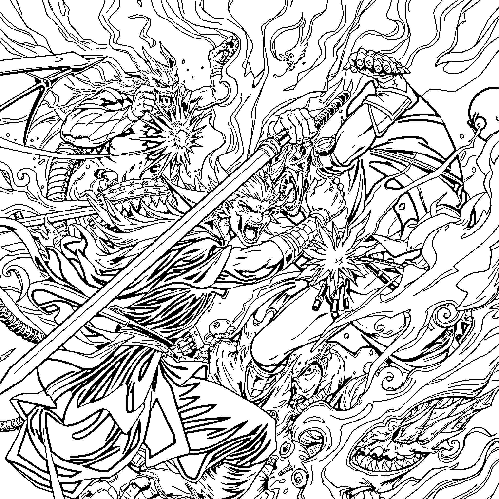 Demon Slayer: Fierce Battle against Mythical Creatures Coloring Page (free black-and-white line drawing printable PDF for all, from beginners to advanced learners, including children, teens, adults, and seniors)