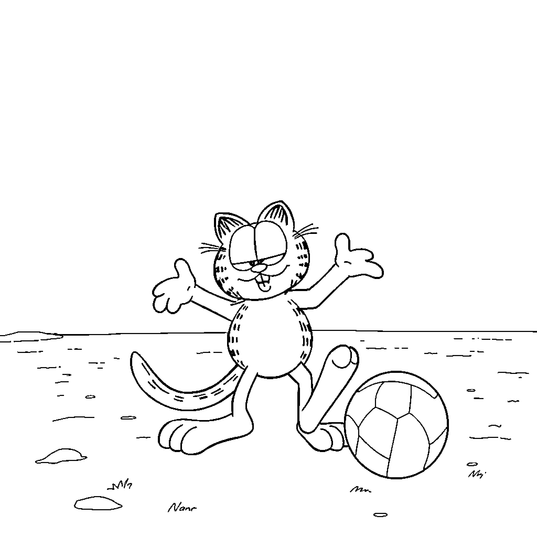 Garfield playing with soccer ball on the beach Coloring Page (free black-and-white line drawing printable PDF for all, from beginners to advanced learners, including children, teens, adults, and seniors)