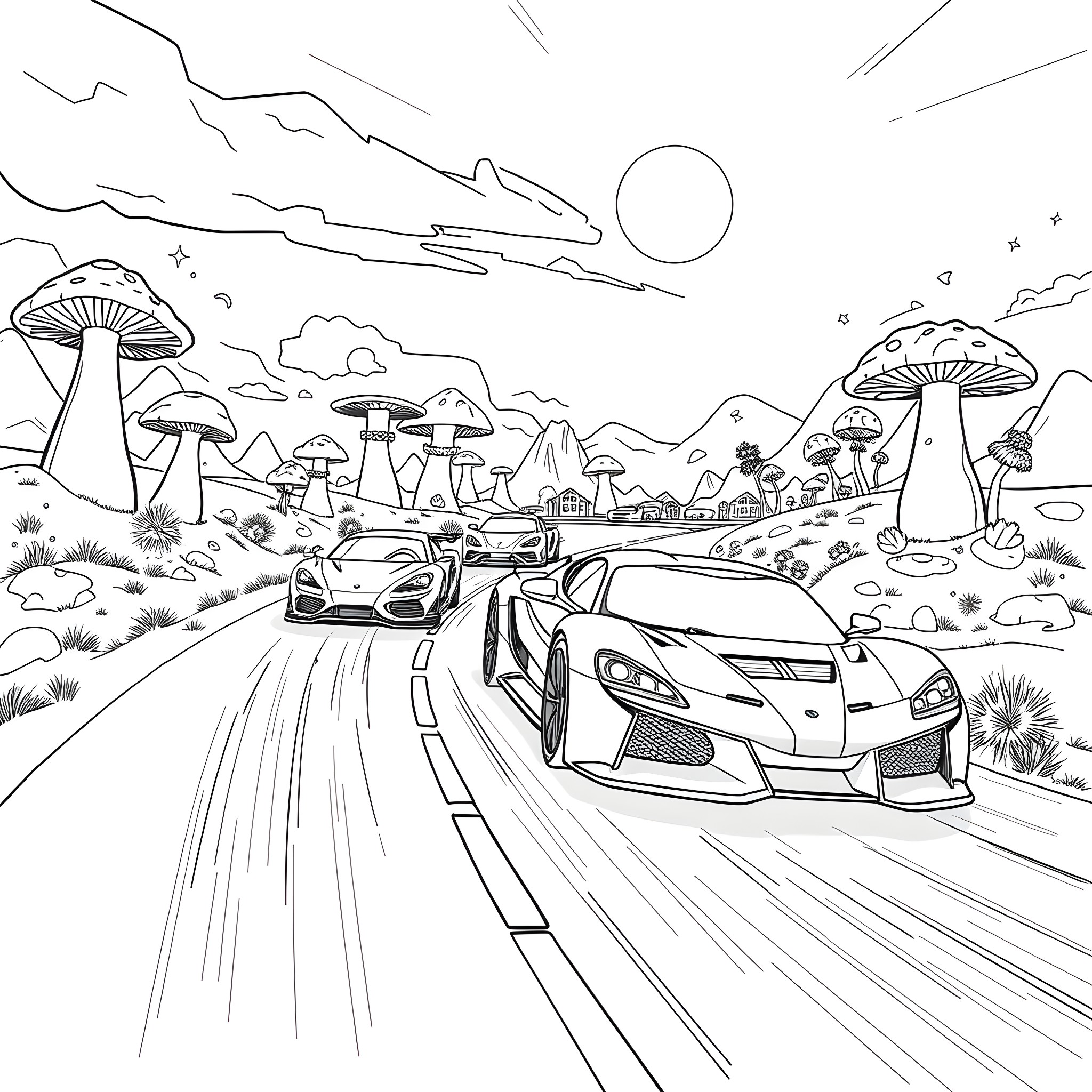 Cars racing in a surreal mushroom landscape Coloring Page (free black-and-white line drawing printable PDF for all, from beginners to advanced learners, including children, teens, adults, and seniors)