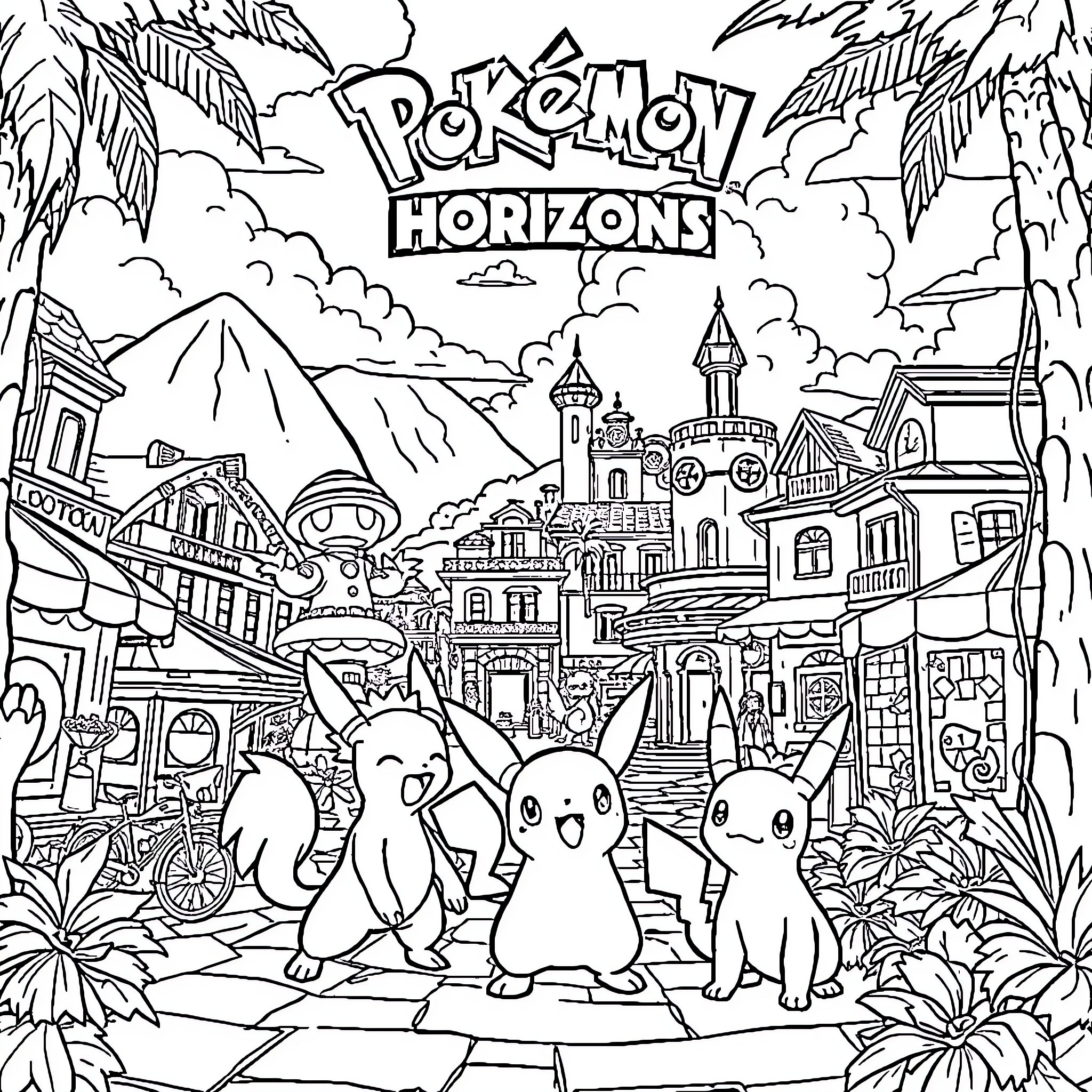 Pokémon Horizons: Exploring Diverse Landscapes and Characters Coloring Page (free black-and-white line drawing printable PDF for all, from beginners to advanced learners, including children, teens, adults, and seniors)