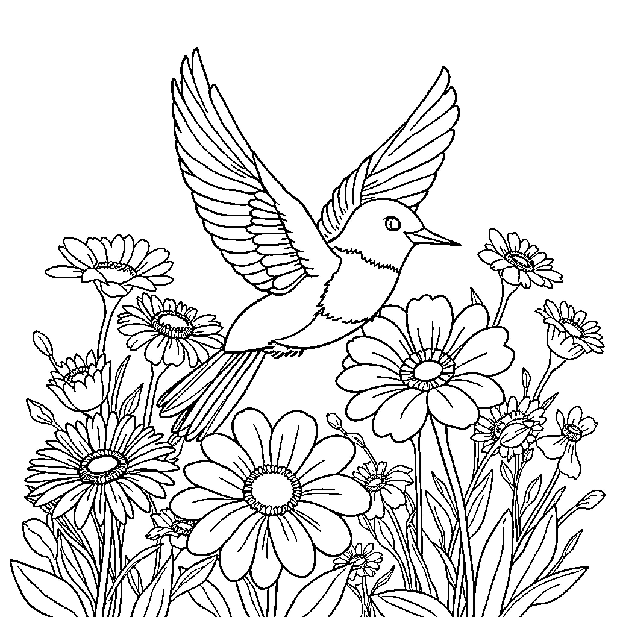Bird flying amidst blooming flowers Coloring Page (free black-and-white line drawing printable PDF for all, from beginners to advanced learners, including children, teens, adults, and seniors)