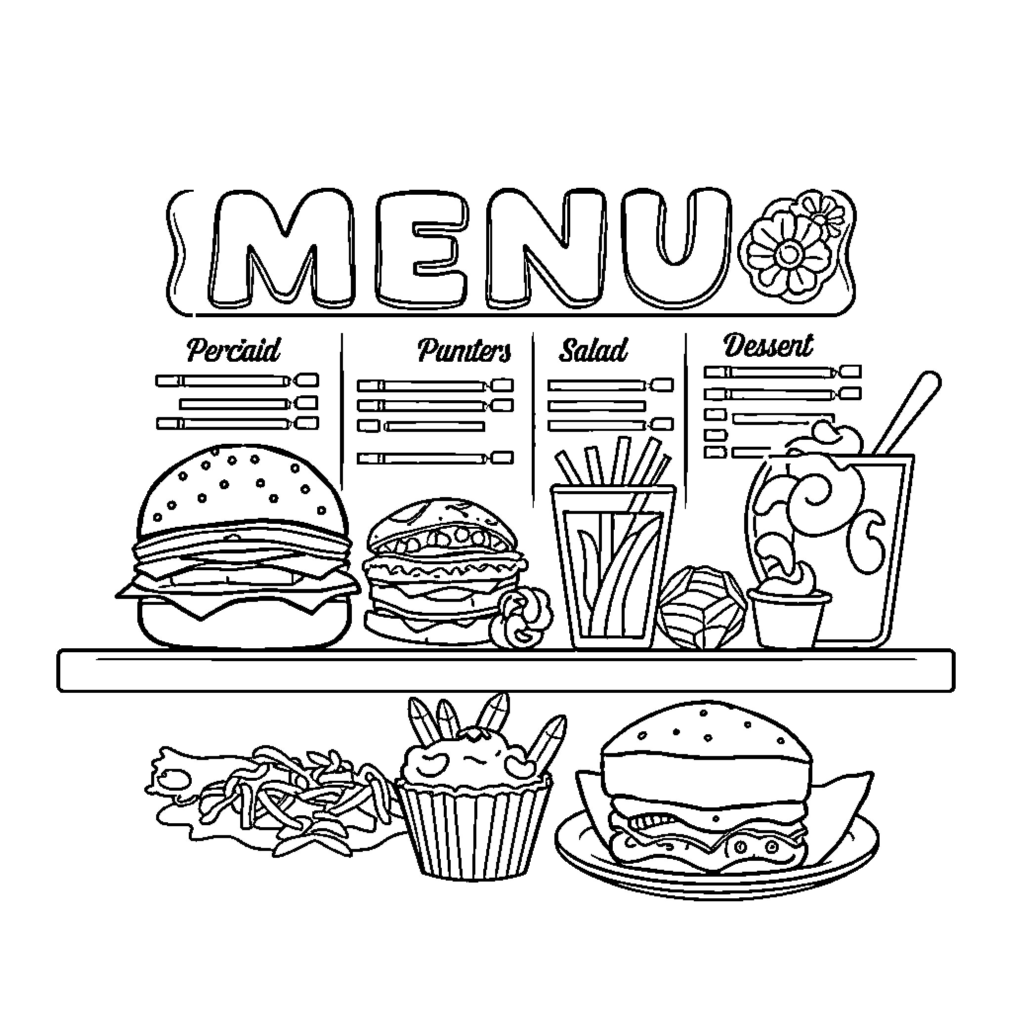 Menu with Various Food Items Coloring Page (free black-and-white line drawing printable PDF for all, from beginners to advanced learners, including children, teens, adults, and seniors)