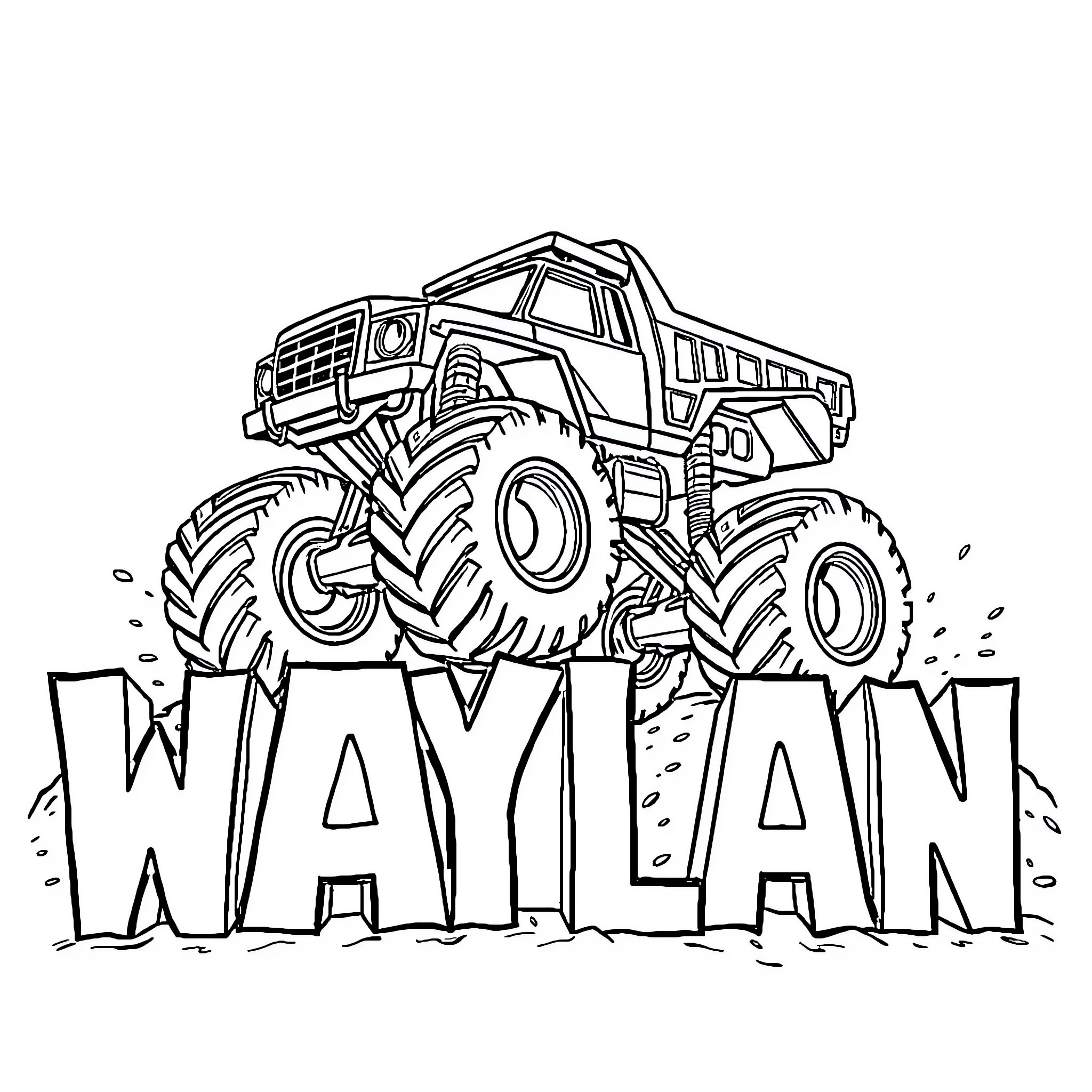 Monster Truck Crushing its Way Through Coloring Page (free black-and-white line drawing printable PDF for all, from beginners to advanced learners, including children, teens, adults, and seniors)