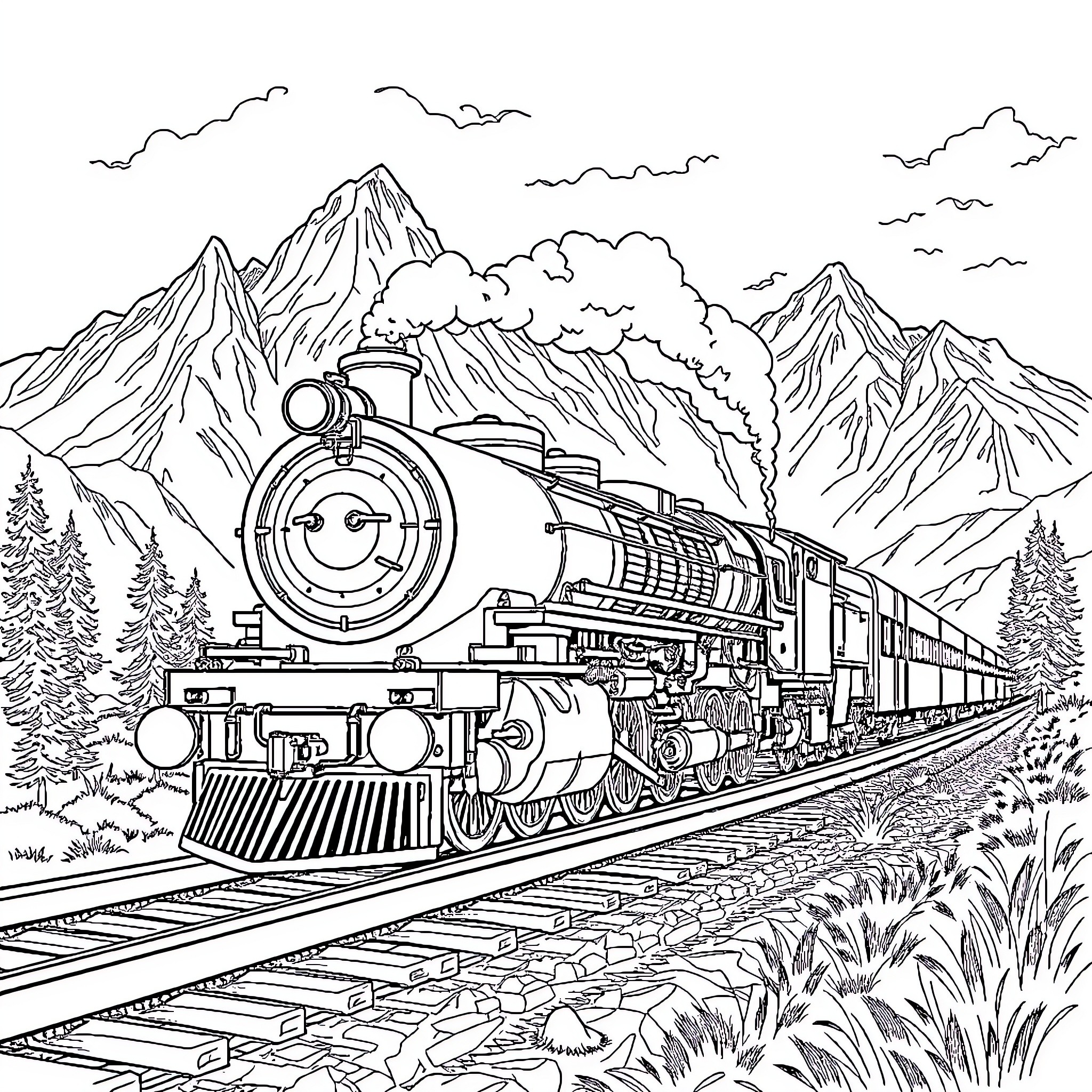 Locomotive Transporting Goods Through Mountainous Landscape Coloring Page (free black-and-white line drawing printable PDF for all, from beginners to advanced learners, including children, teens, adults, and seniors)