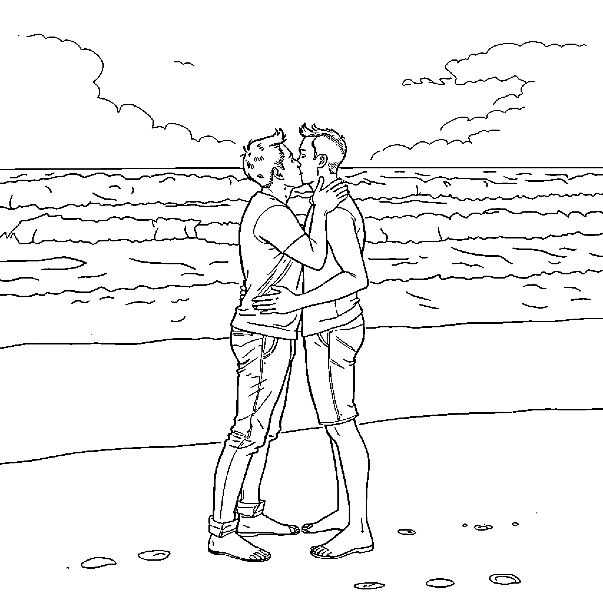 Guy Embracing Partner on the Beach Coloring Page (free black-and-white line drawing printable PDF for all, from beginners to advanced learners, including children, teens, adults, and seniors)