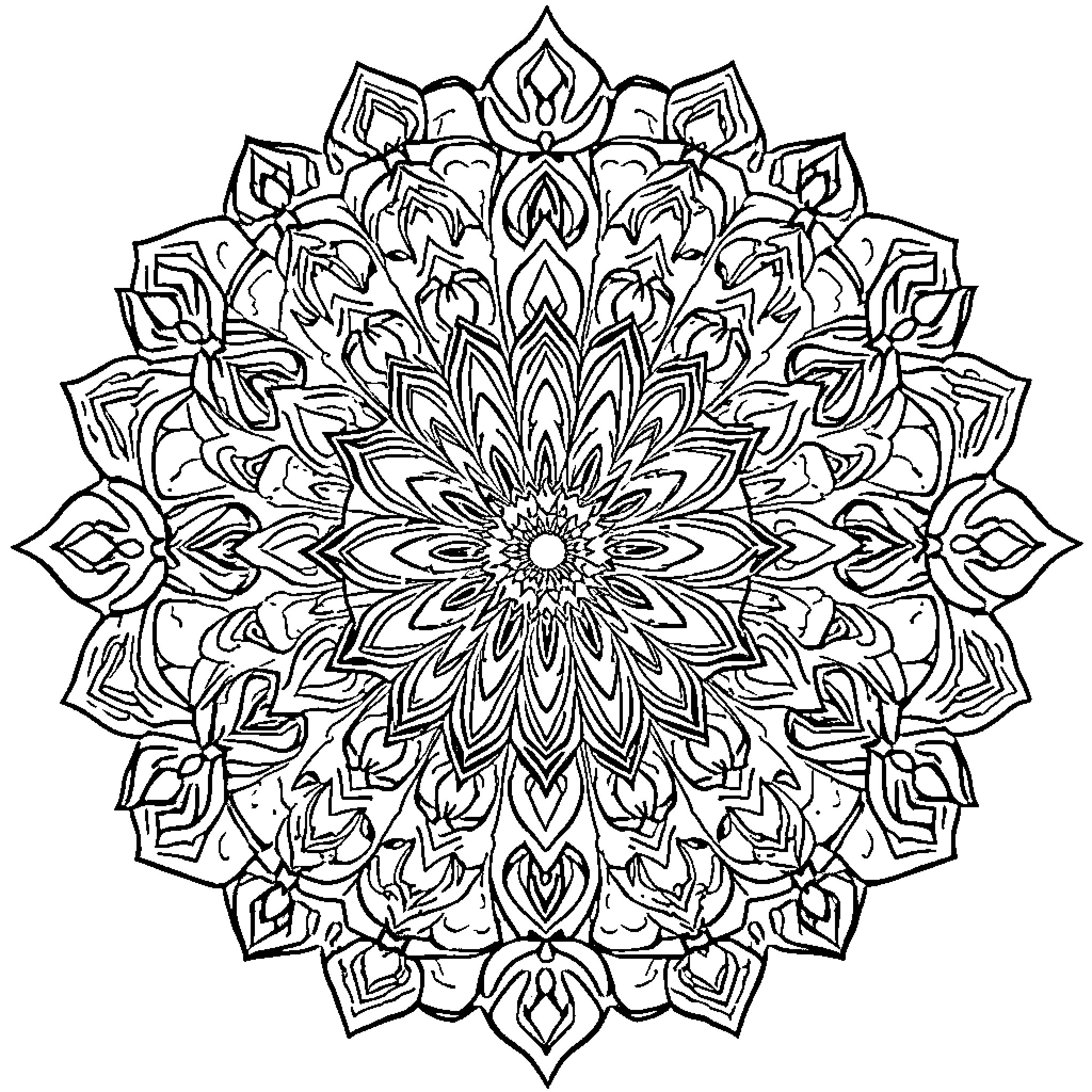 Mandalas with intricate floral designs Coloring Page (free black-and-white line drawing printable PDF for all, from beginners to advanced learners, including children, teens, adults, and seniors)