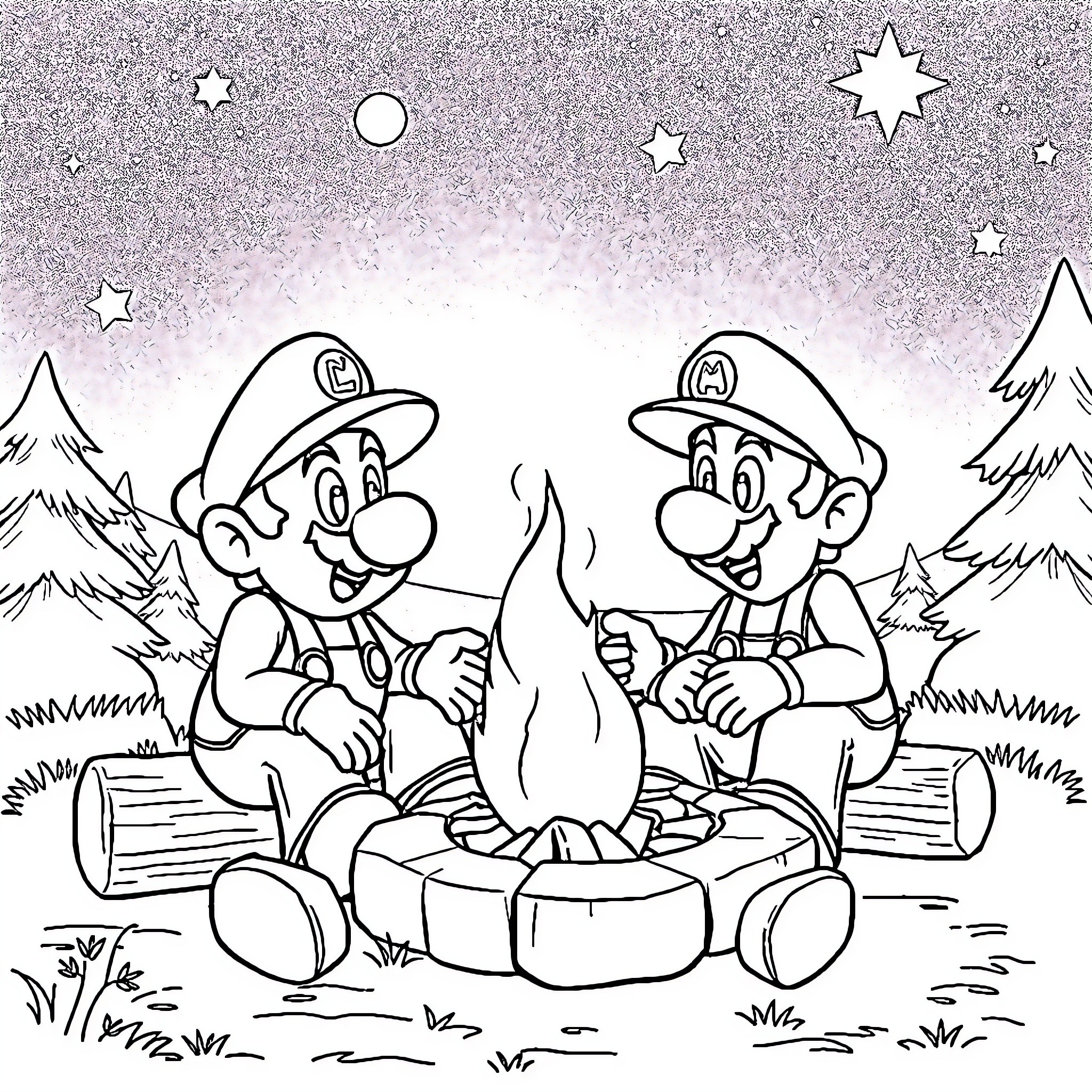 Mario and Luigi enjoying a campfire in the wilderness Coloring Page (free black-and-white line drawing printable PDF for all, from beginners to advanced learners, including children, teens, adults, and seniors)