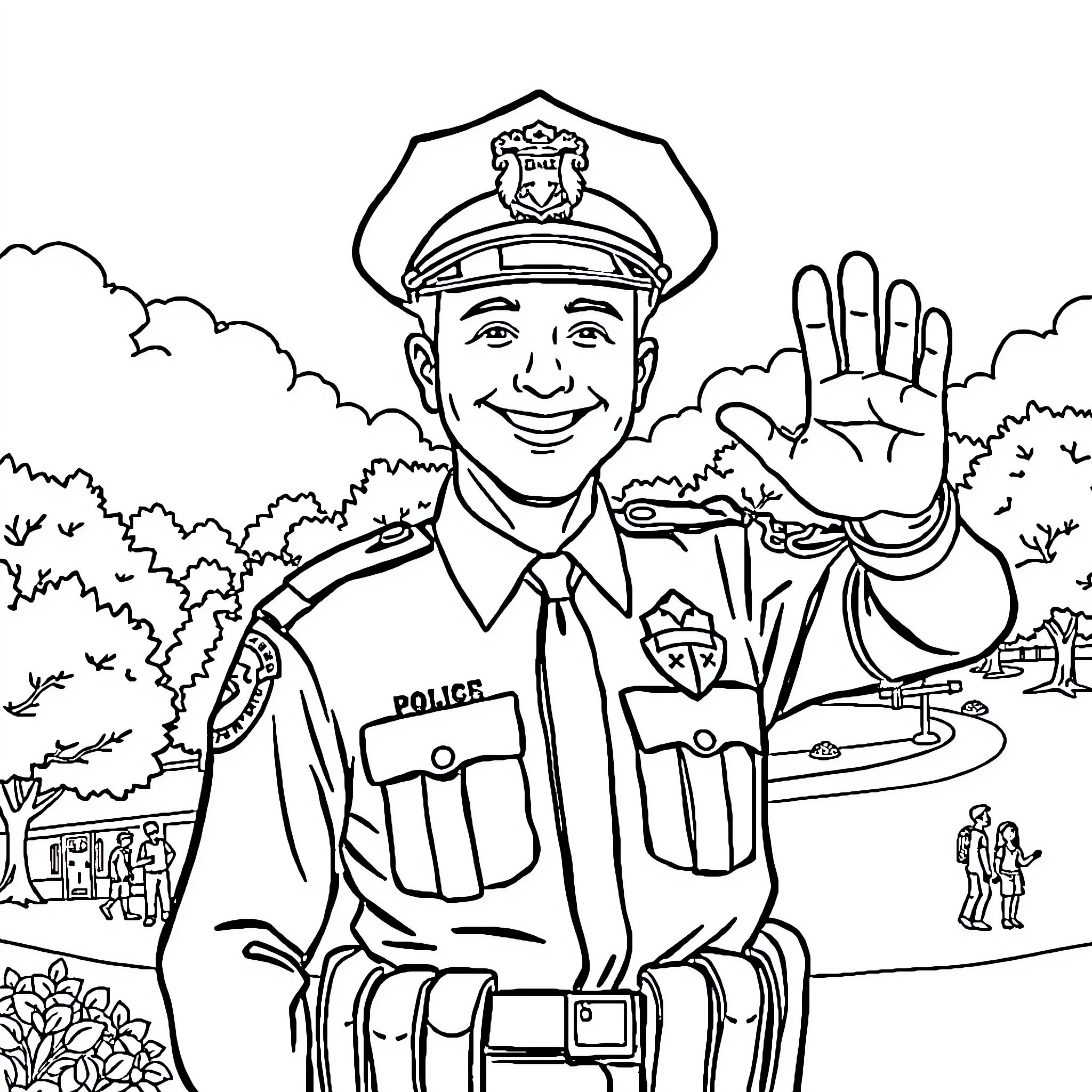 Police Officer directing traffic with hand signals Coloring Page (free black-and-white line drawing printable PDF for all, from beginners to advanced learners, including children, teens, adults, and seniors)