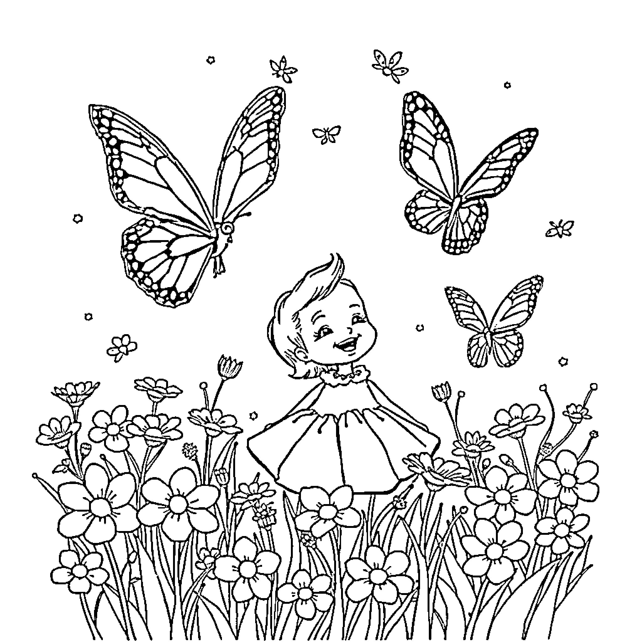Butterfly Garden Exploration with Flowers and Butterflies Coloring Page (free black-and-white line drawing printable PDF for all, from beginners to advanced learners, including children, teens, adults, and seniors)