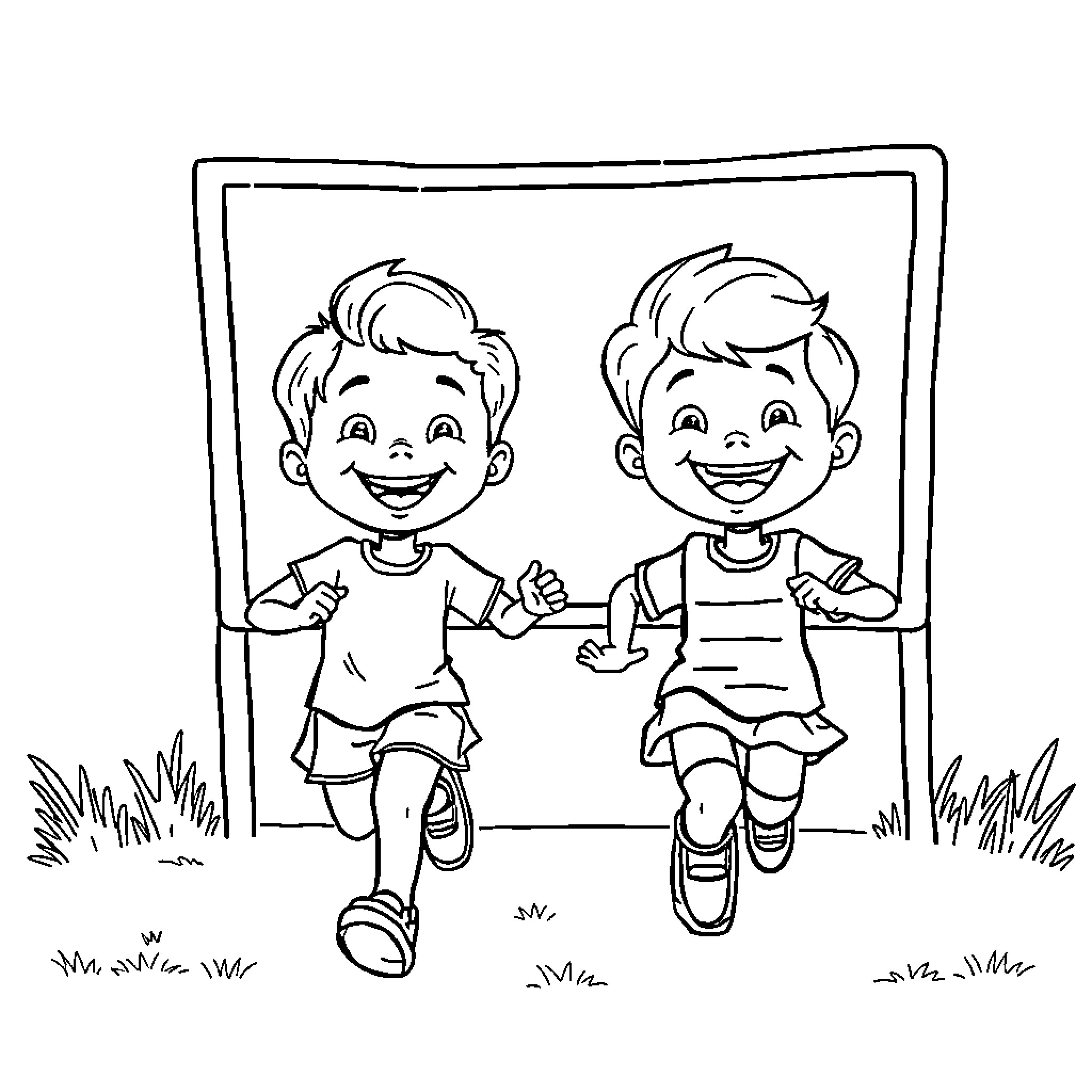 Child friends playing happily together Coloring Page (free black-and-white line drawing printable PDF for all, from beginners to advanced learners, including children, teens, adults, and seniors)