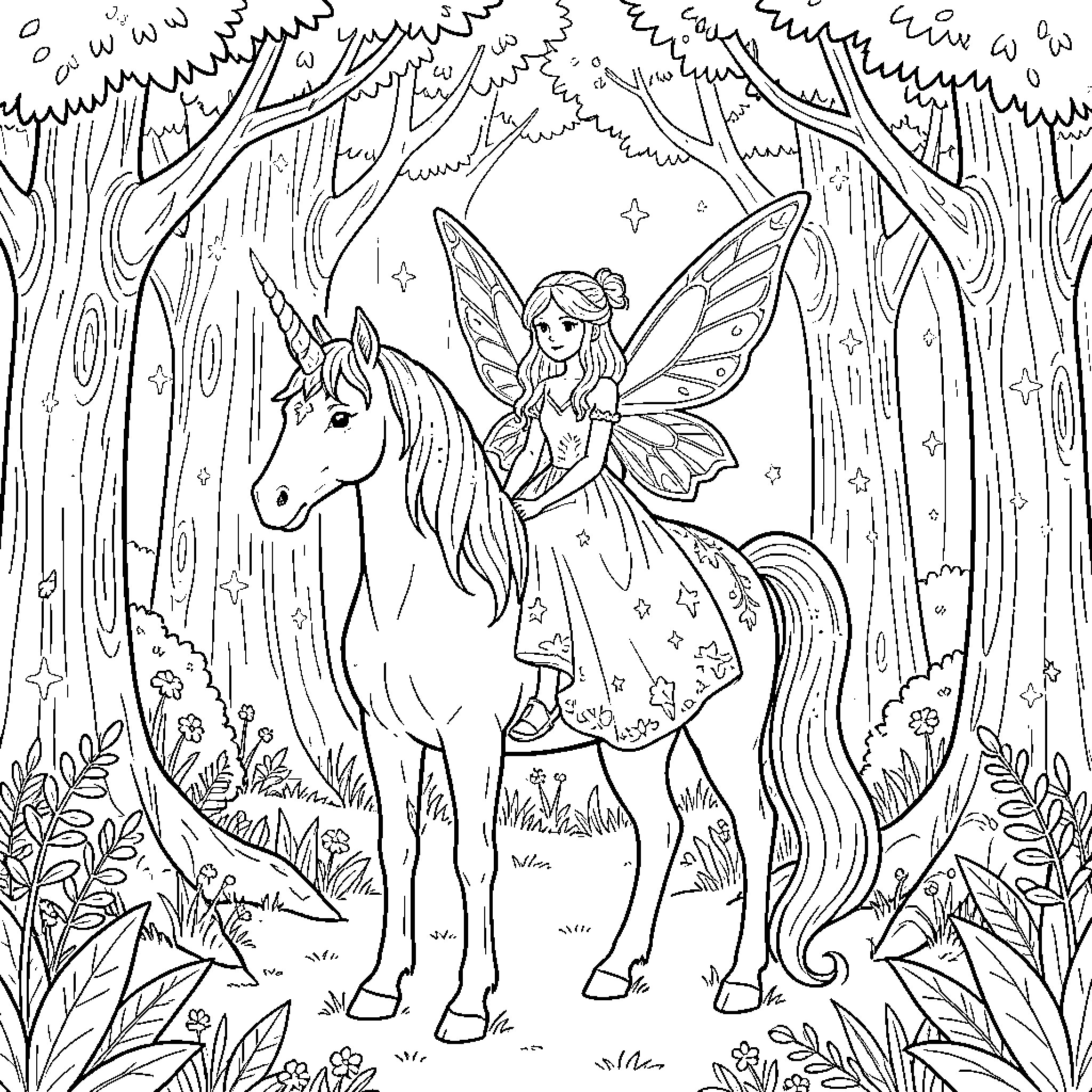 Fairy riding a unicorn through a magical forest Coloring Page (free black-and-white line drawing printable PDF for all, from beginners to advanced learners, including children, teens, adults, and seniors)