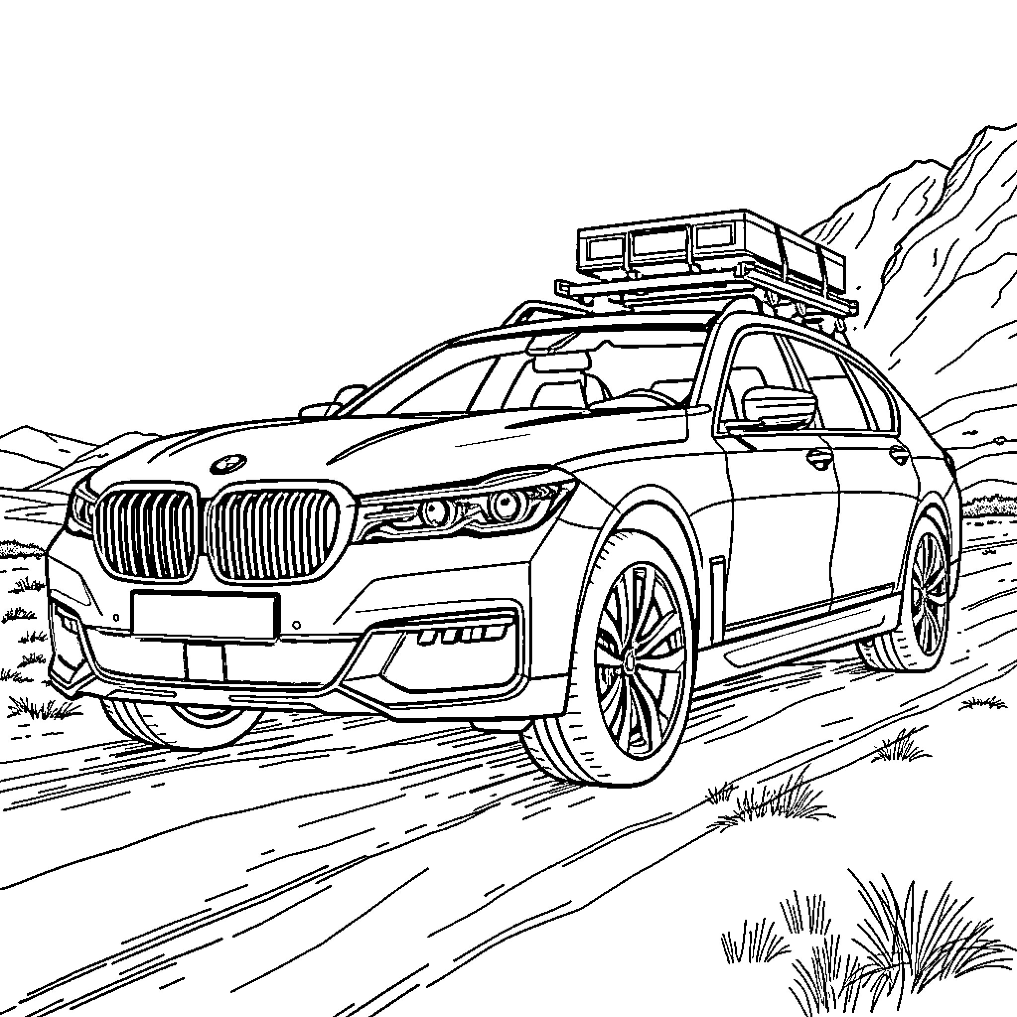BMW Off-Road Adventure Vehicle Exploring the Outdoors Coloring Page (free black-and-white line drawing printable PDF for all, from beginners to advanced learners, including children, teens, adults, and seniors)