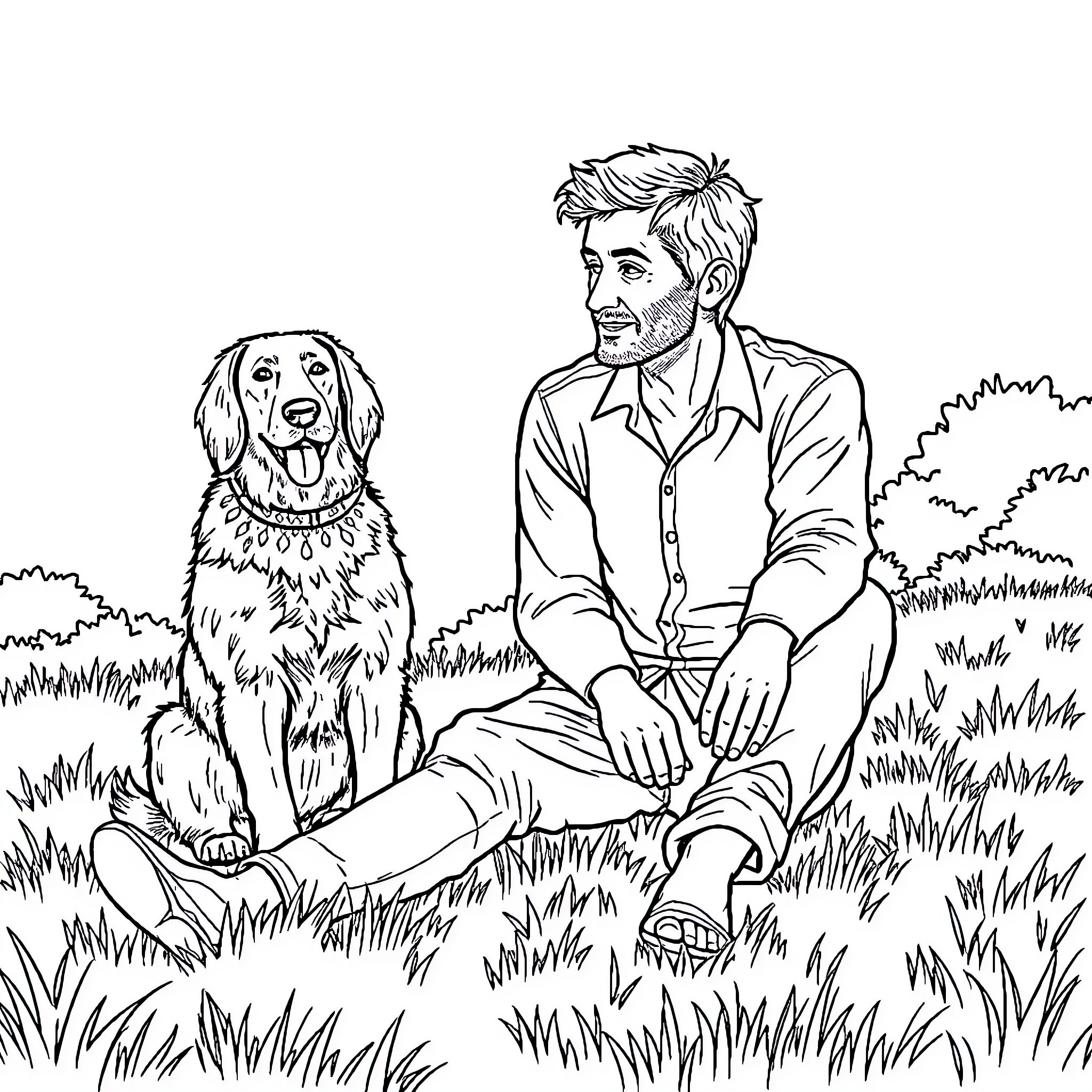 Will Graham enjoying a peaceful moment with his dog Coloring Page (free black-and-white line drawing printable PDF for all, from beginners to advanced learners, including children, teens, adults, and seniors)