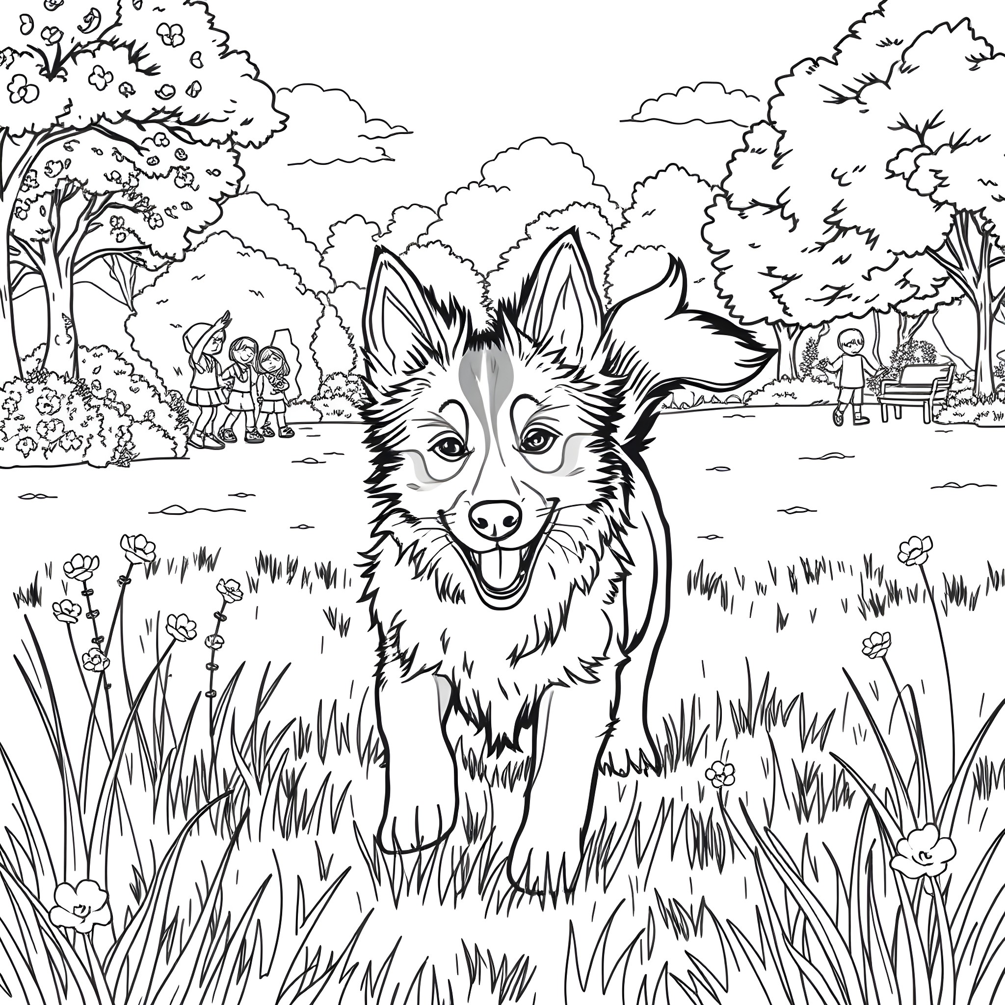 Puppy romping through a lush garden landscape Coloring Page (free black-and-white line drawing printable PDF for all, from beginners to advanced learners, including children, teens, adults, and seniors)