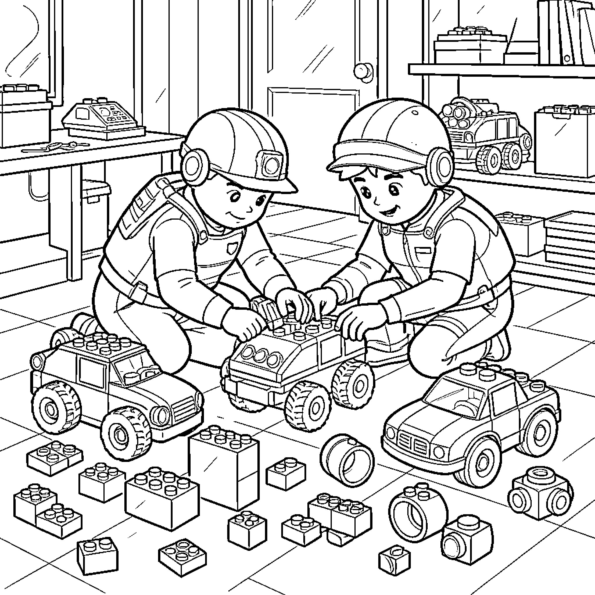 Chase children building toy vehicles with blocks Coloring Page (free black-and-white line drawing printable PDF for all, from beginners to advanced learners, including children, teens, adults, and seniors)